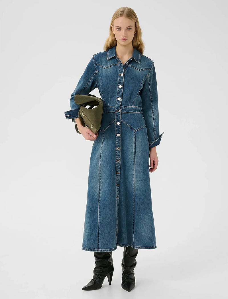 Gestuz - GZviva LS long dress - särkkleidid - vintage blue denim - 3