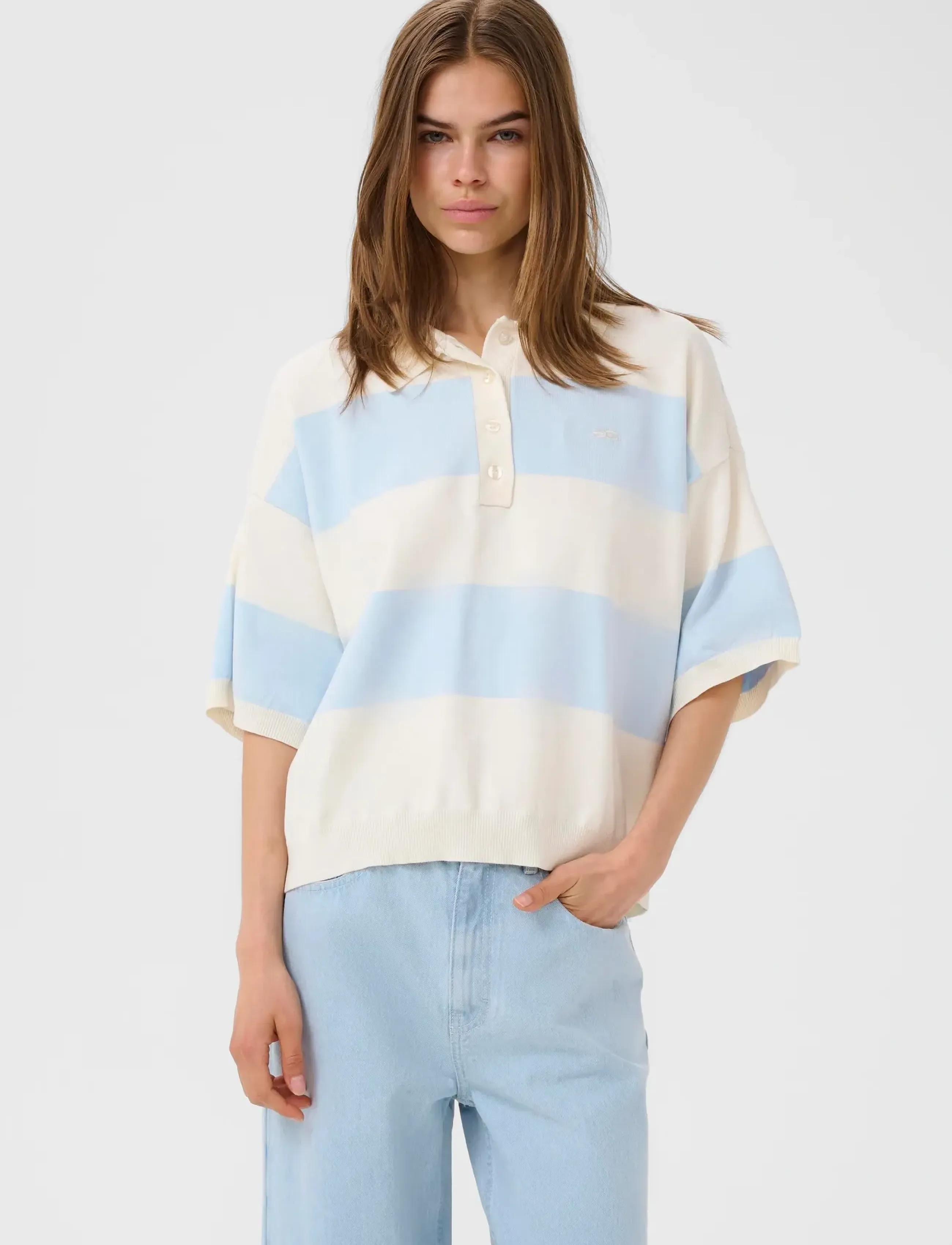 Gestuz GZmaia ss polo pullover - Pikeepaidat - BLUE FINCH STRIPED / cream