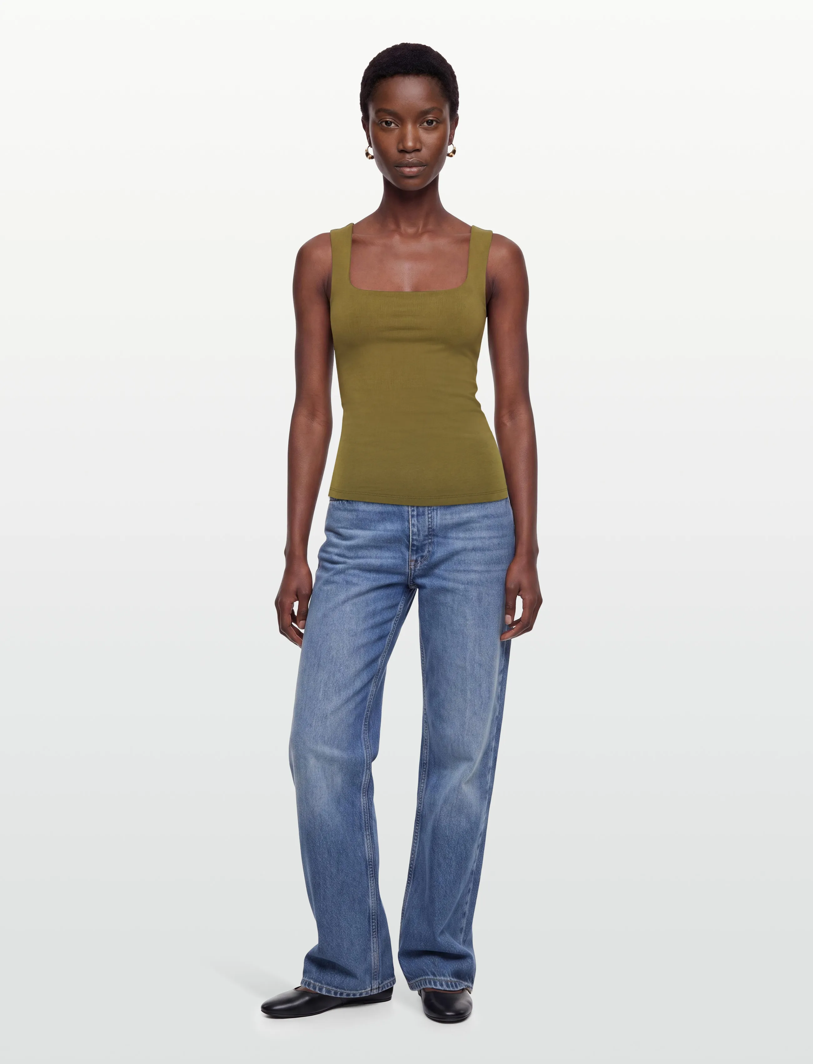 Gina Tricot Square Neck Tank Top, Kvinder, Firkantet Hals Tanktop, Kakigrøn, Str: L