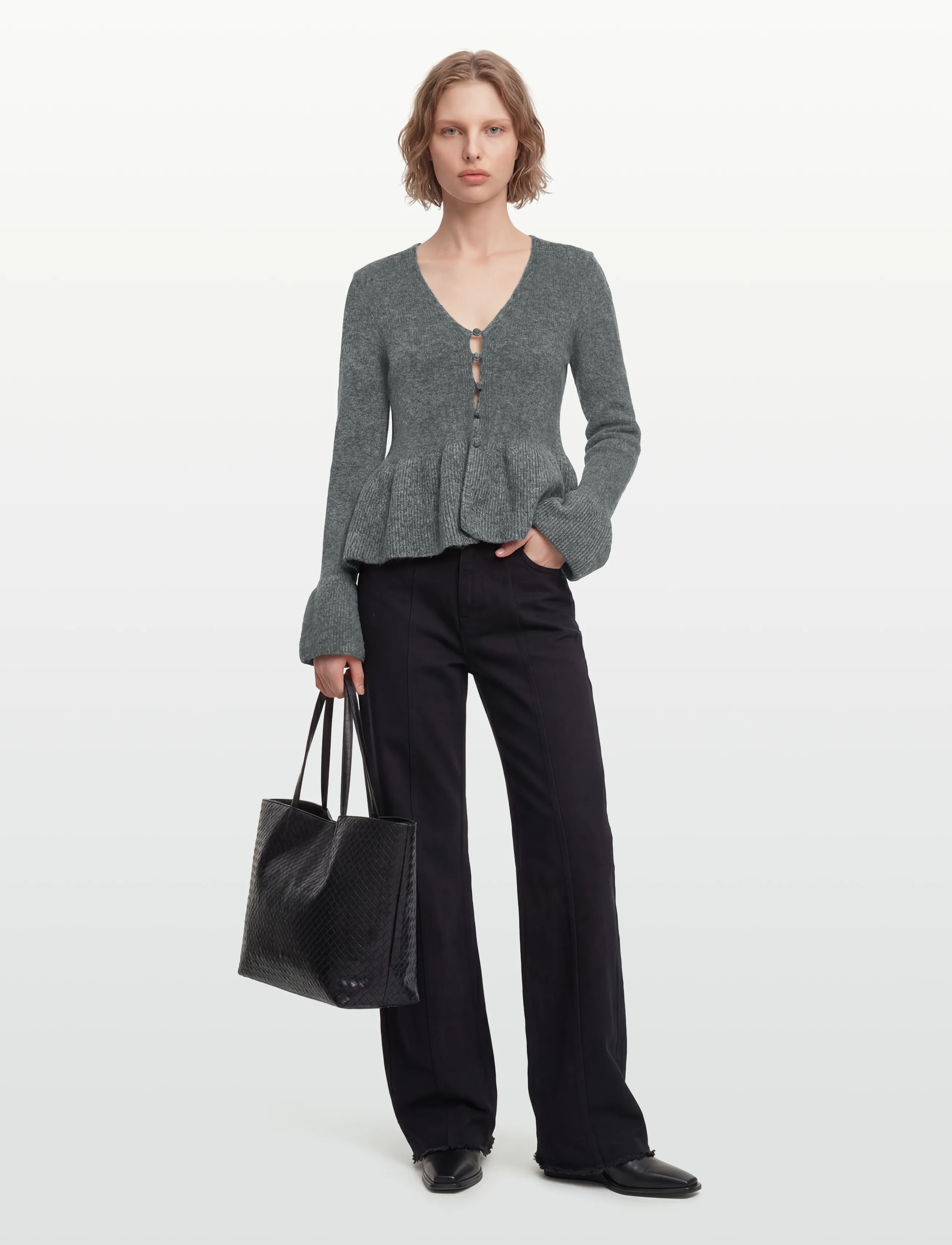 Gina Tricot Knitted Peplum Cardigan, Kvinder, Strikket Peplum Cardigan, Grå, Str: S