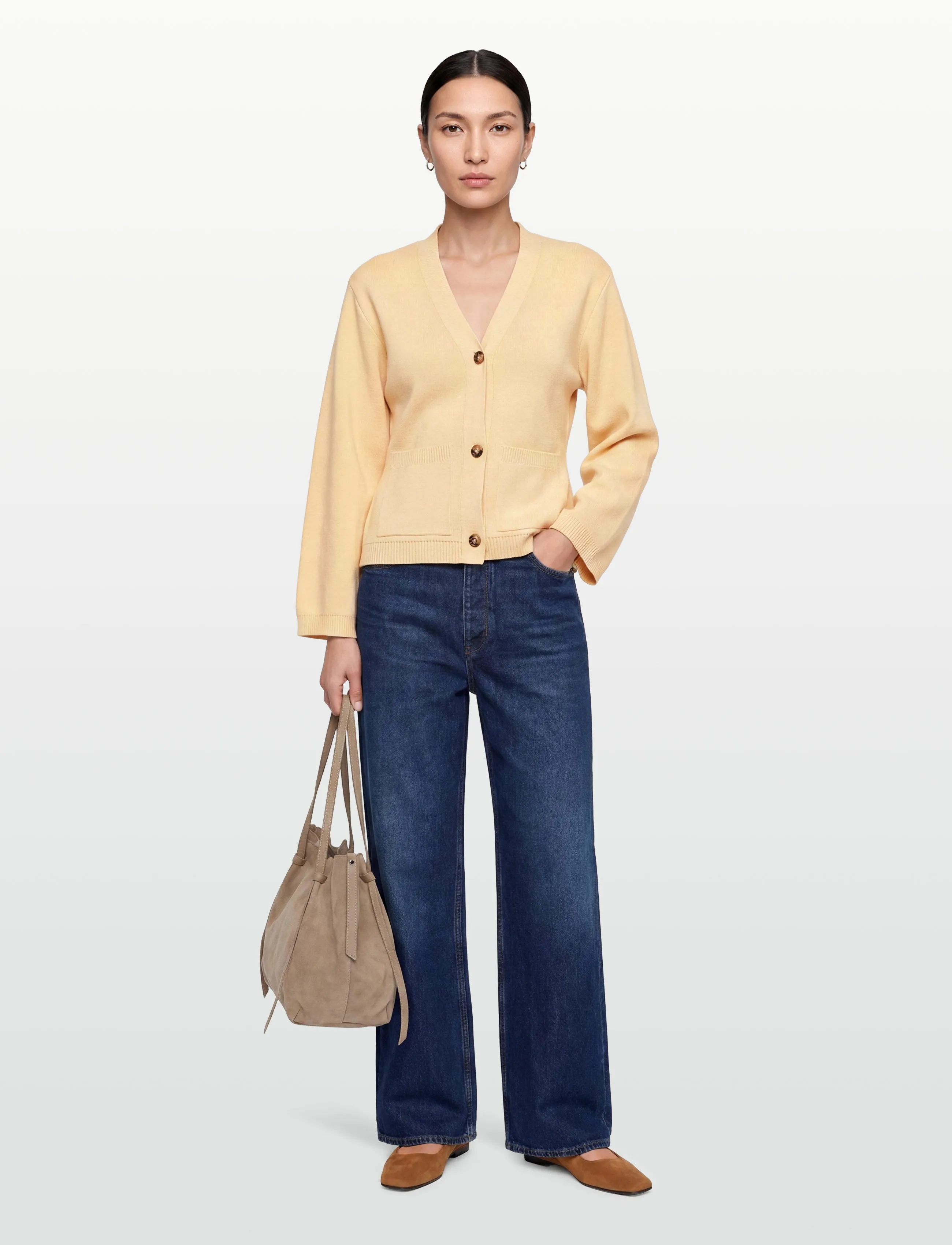 Gina Tricot Knitted Cotton Cardigan, Kvinder, Strikket V-Hals Peplum Cardigan, Beige, Str: XS
