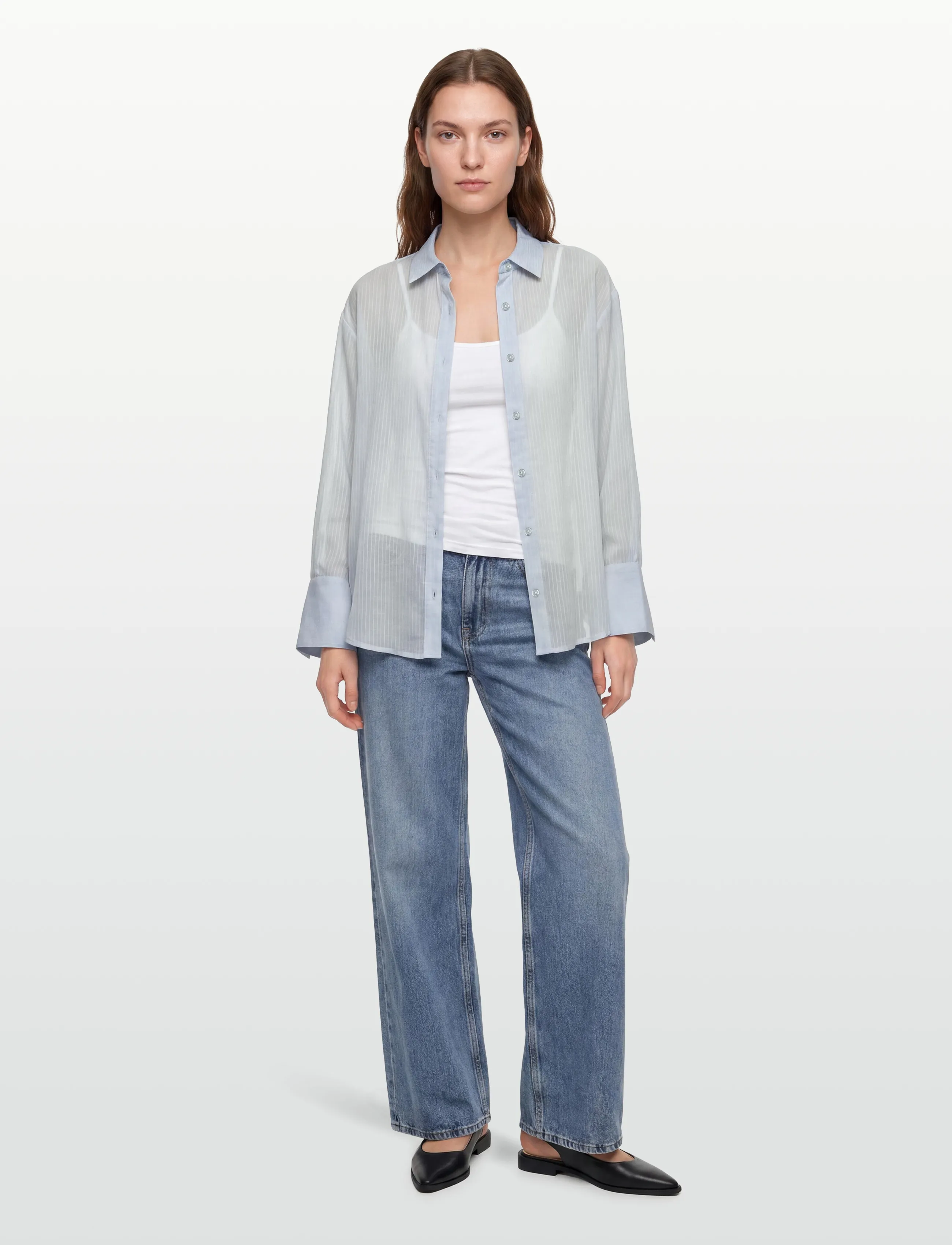 Gina Tricot Sheer Shirt, XS, Shirts, Blau - Long-sleeved, Frauen