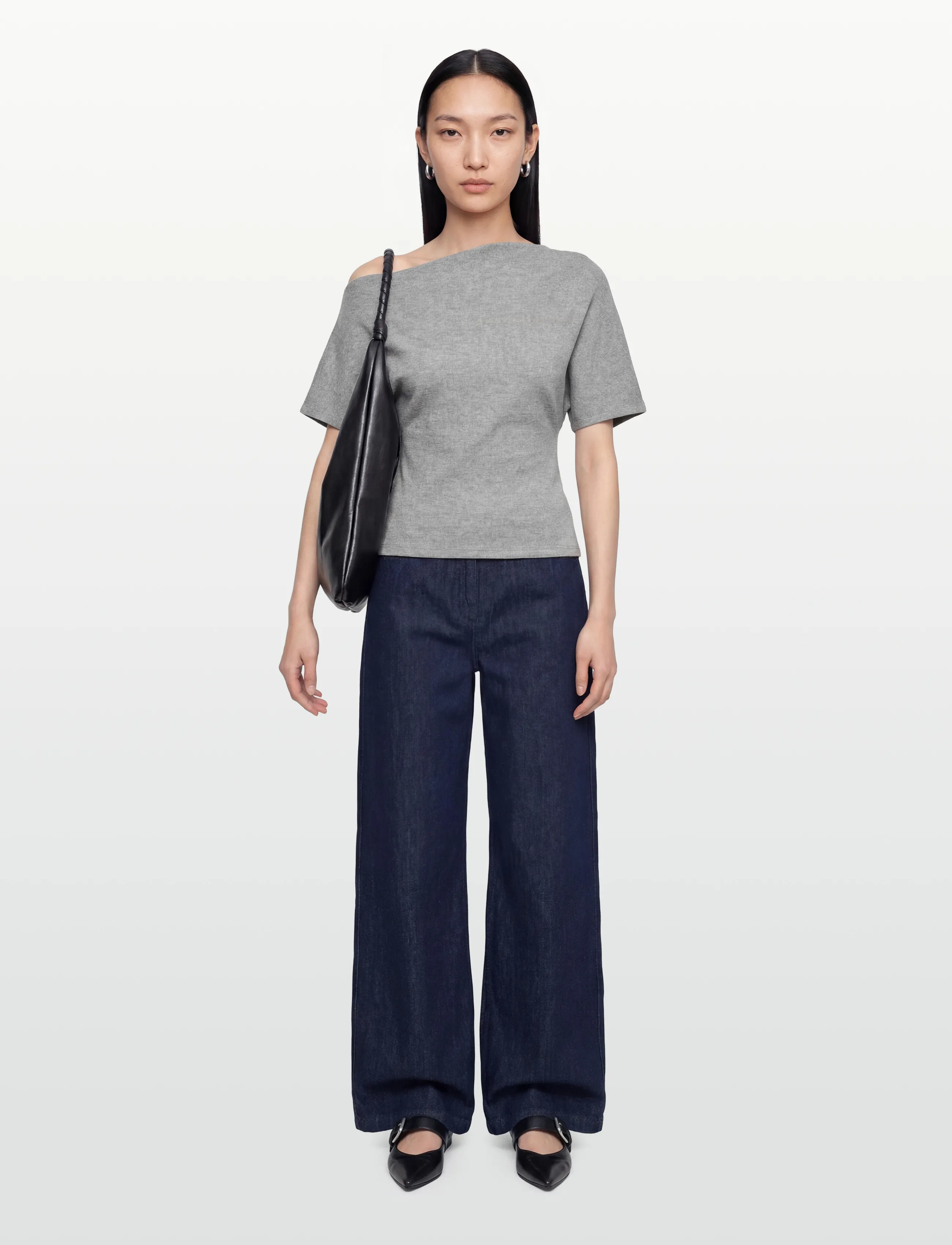 Gina Tricot Soft Asymmetric Top, L, Crop Oberteile, Grau - Short-sleeved Frauen