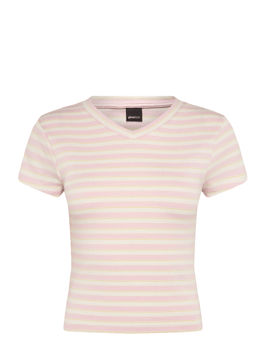 Gina Tricot - Baby v-neck tee - t-shirts - pink/yellow stripe - 0