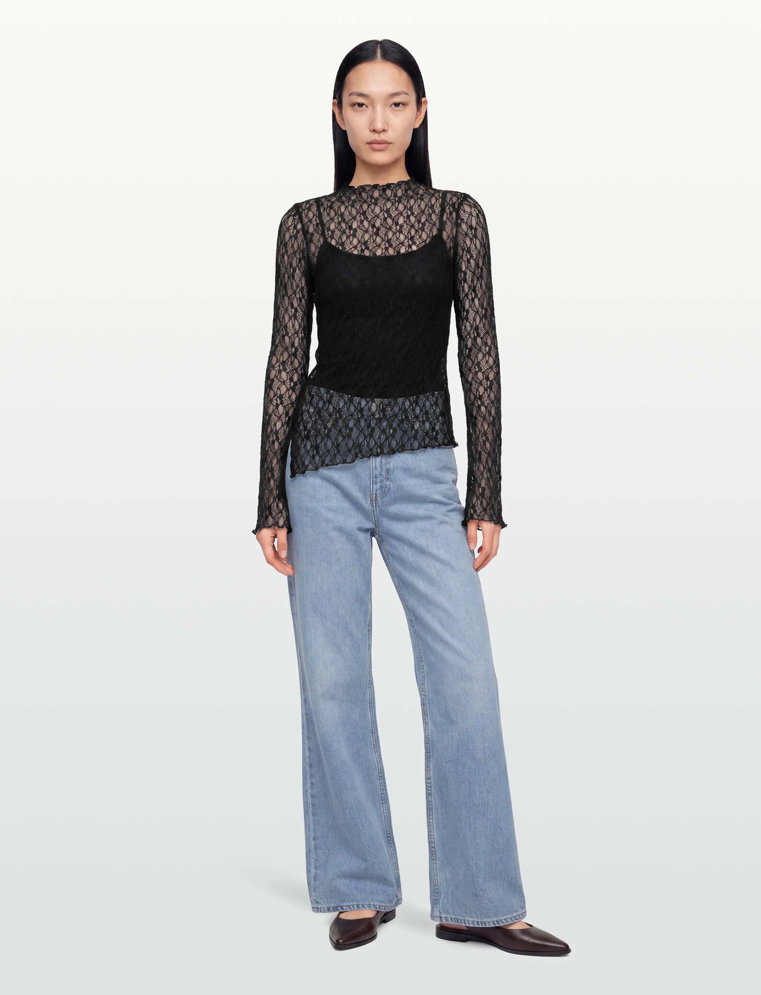 Gina Tricot Asymmetric lace top - Langärmlige Tops - BLACK (9000) / black