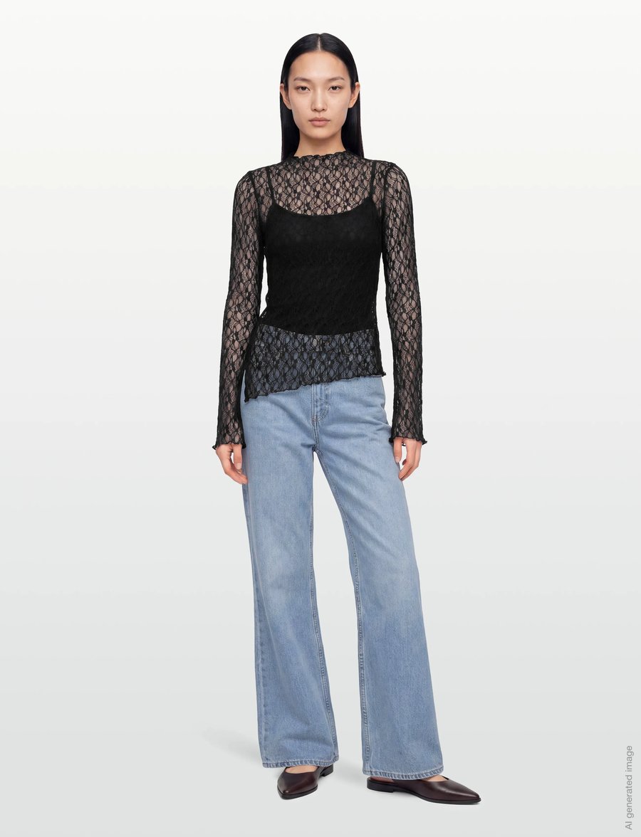 Gina Tricot - Asymmetric lace top - långärmade toppar - black (9000) - 0