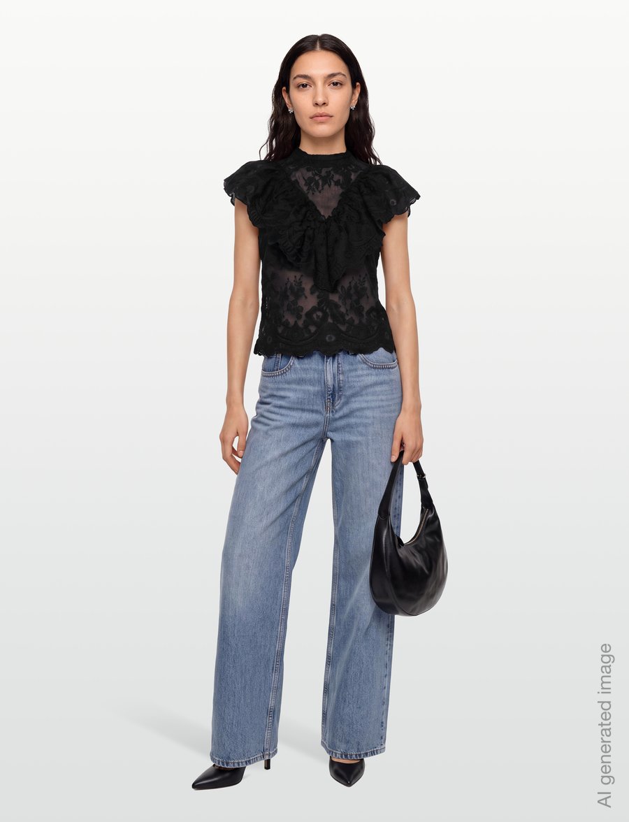 Gina Tricot - Frill blouse - kurzärmelige blusen - black (9000) - 0