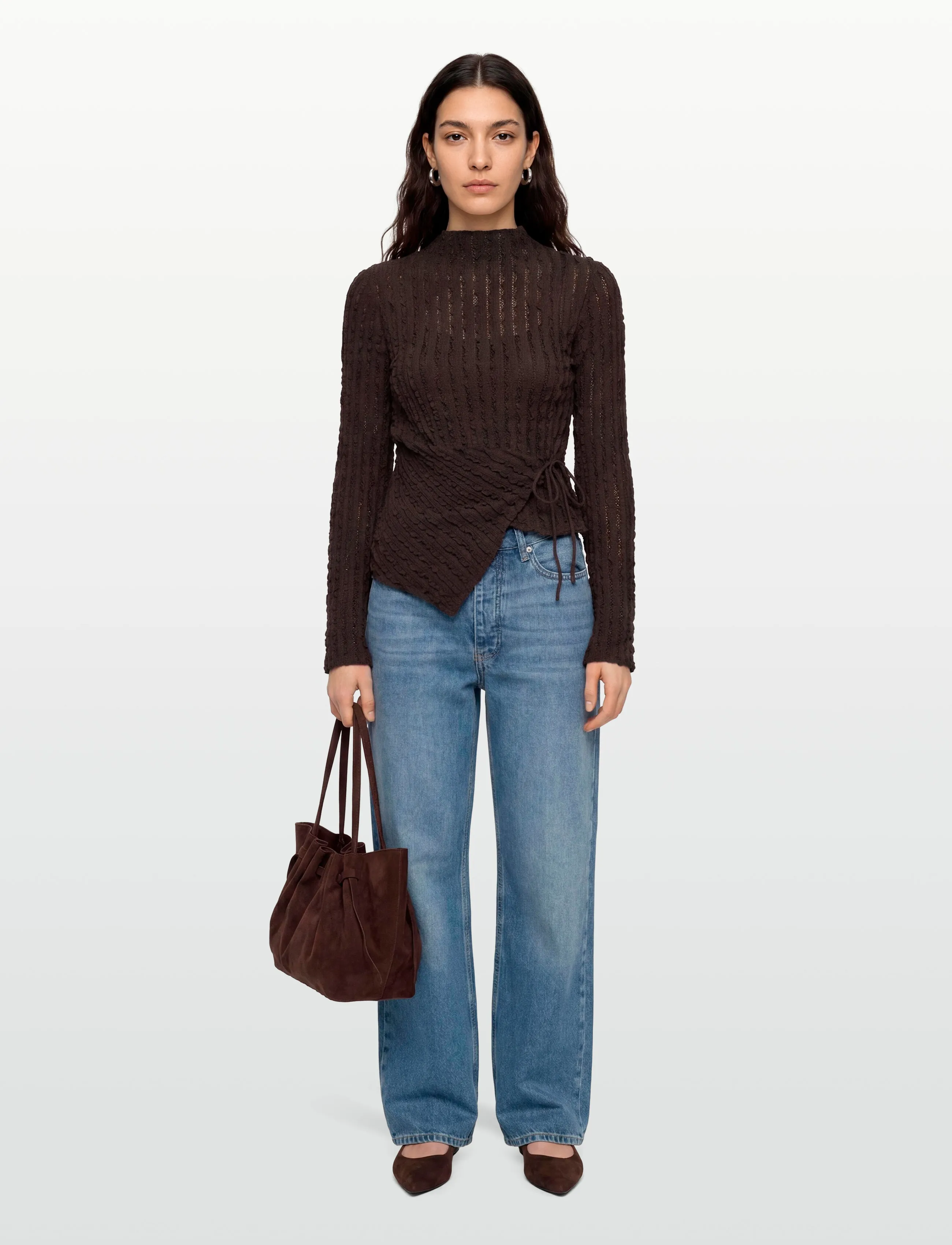 Gina Tricot Textured tie detail top - T-shirts met lange mouwen - MOLE (7382) / brown