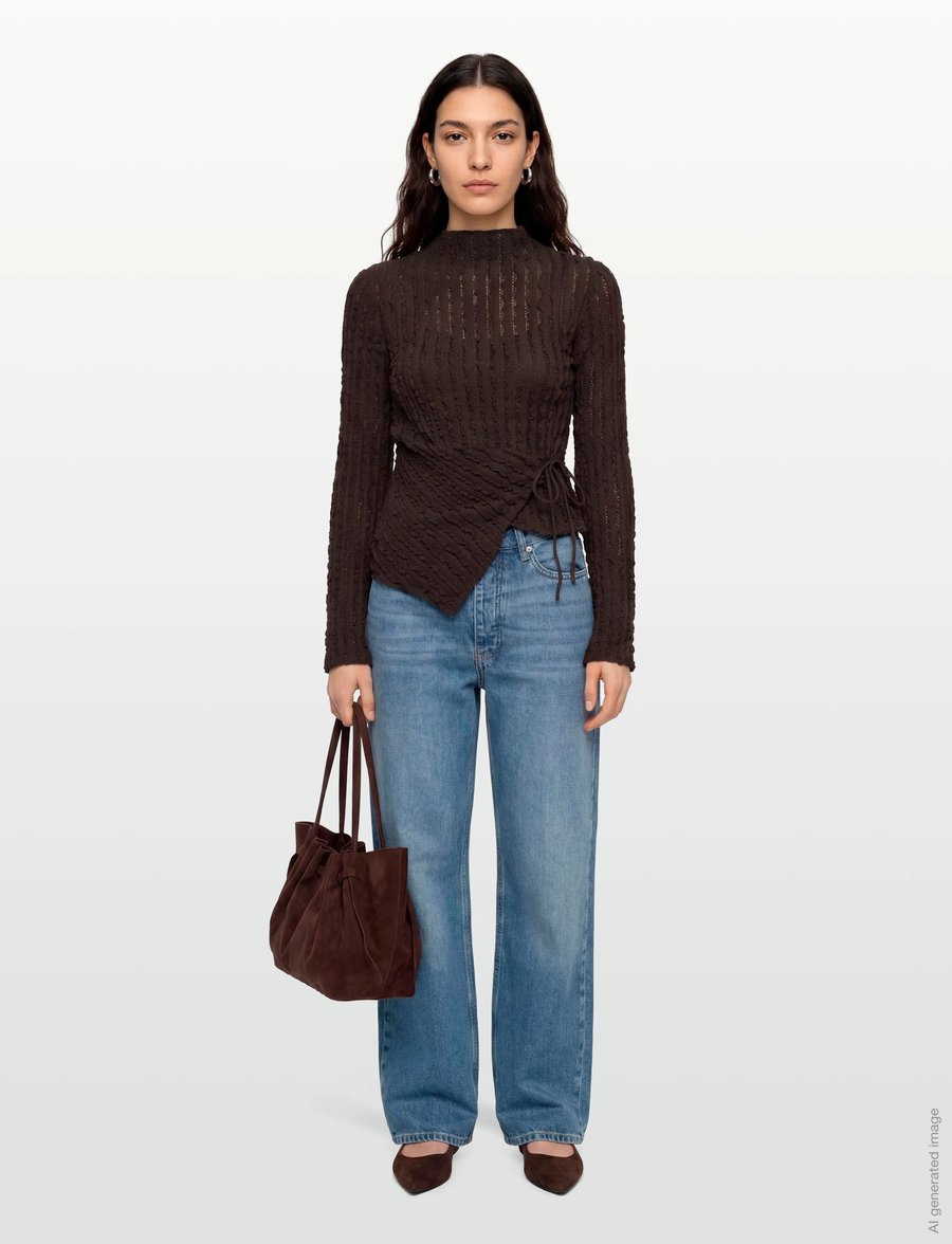 Gina Tricot - Textured tie detail top - langærmede toppe - mole (7382) - 0
