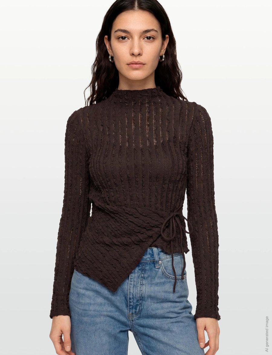 Gina Tricot - Textured tie detail top - langærmede toppe - mole (7382) - 3