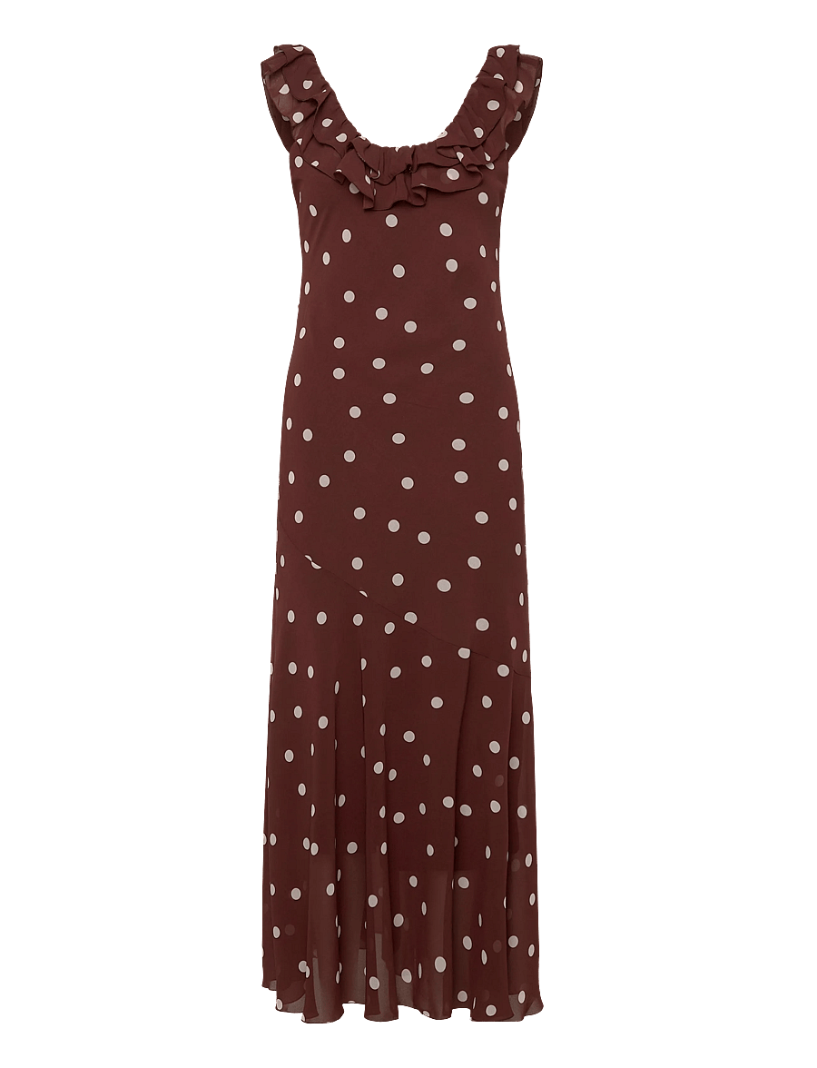 Gina Tricot - Maxi frill dress - maxi kjoler - brown dot aop (7963) - 0