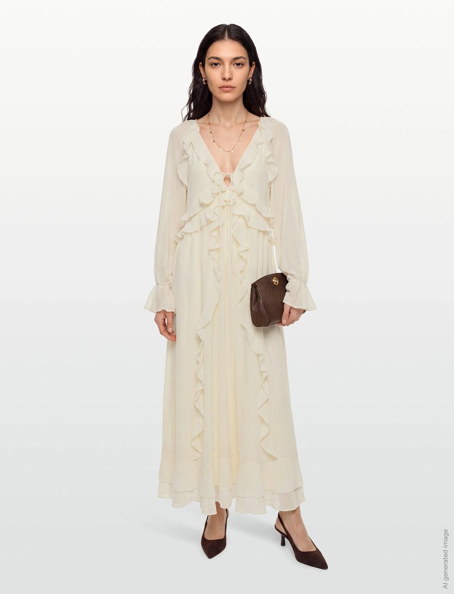 Gina Tricot - Chiffon maxi long sleeve dress - suvekleidid - creme (1263) - 0