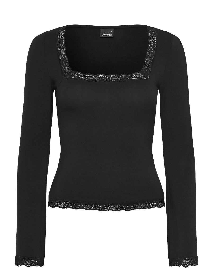 Gina Tricot - Square neck lace top - tops - black (9000) - 0