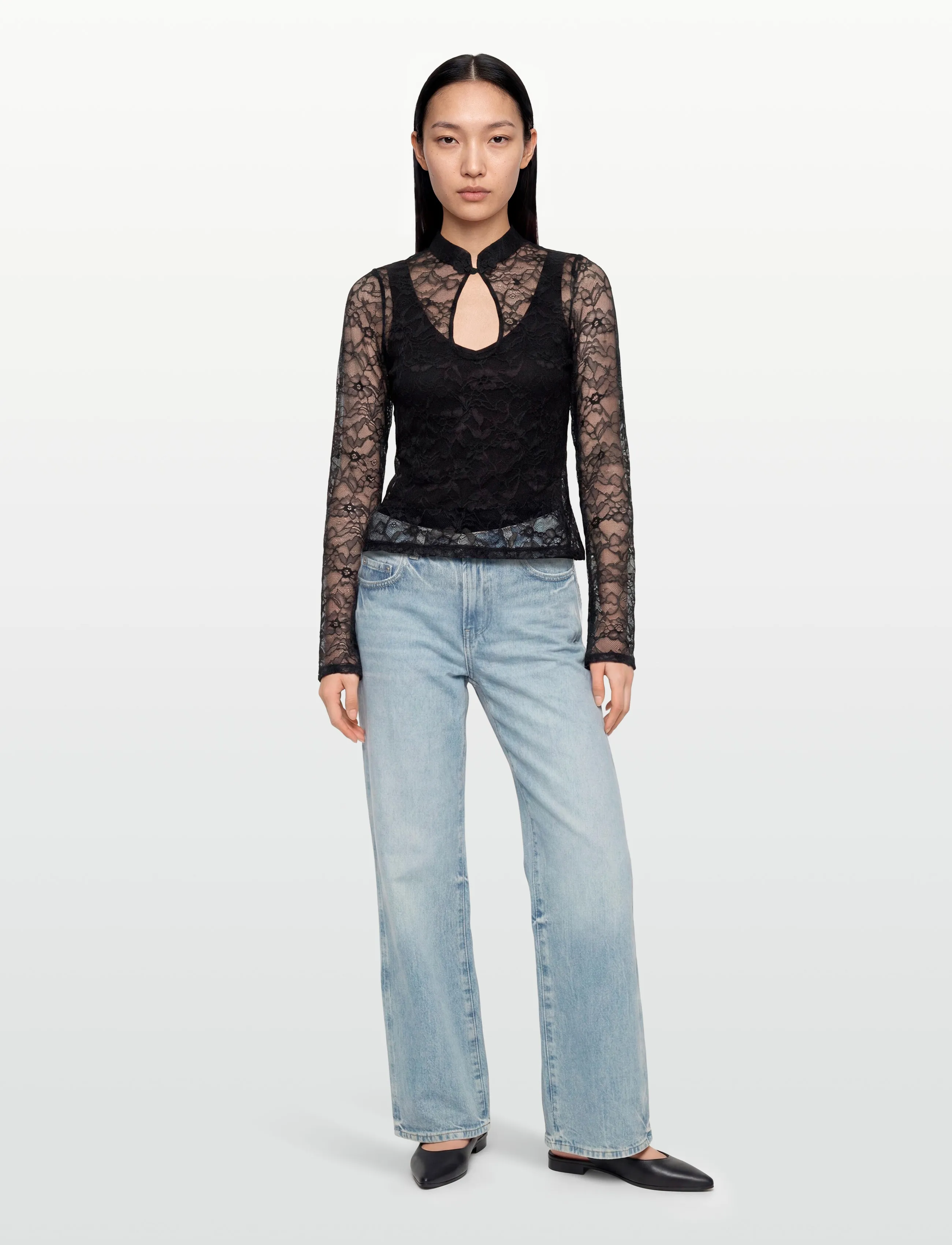 Gina Tricot Lace Top, M, Black, Bluser > Langærmede, Dame