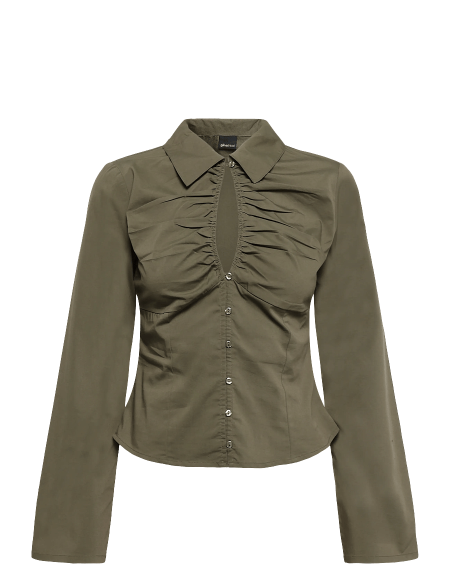 Gina Tricot - Keyhole long sleeve shirt - langärmlige hemden - khaki (7260) - 0