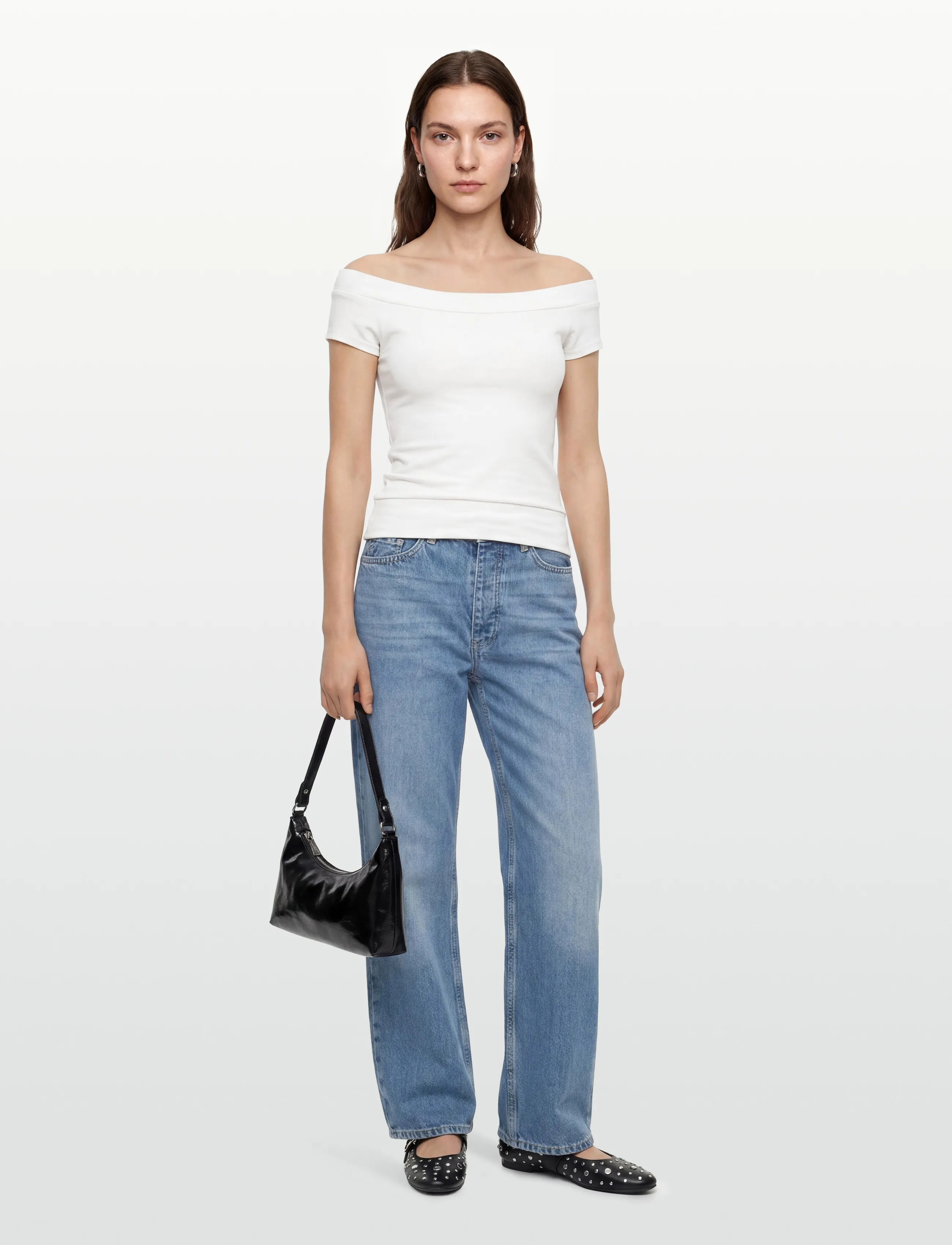 Gina Tricot Wide Neck Top, M, Cream, T-Shirts & Toppe > Kortærmede, Dame