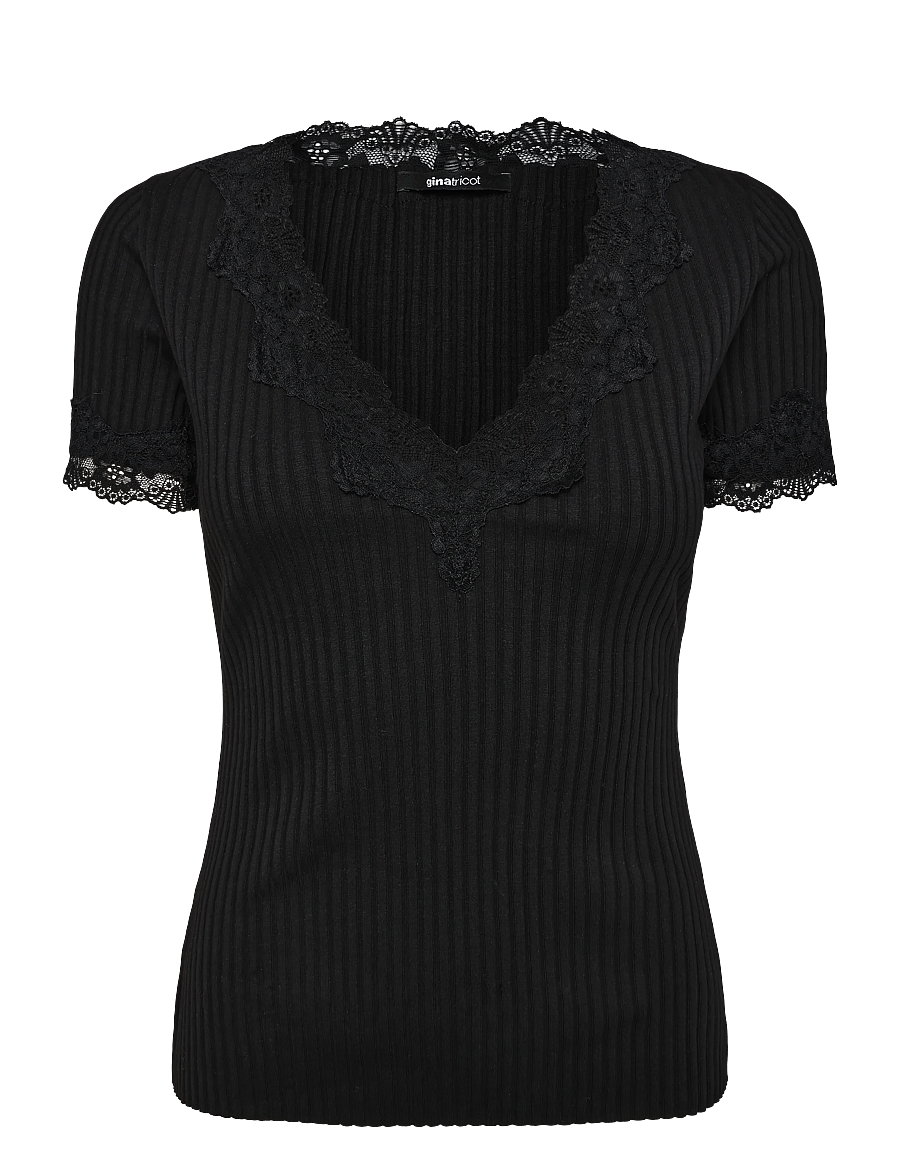 Gina Tricot - Lace detail rib top - t-shirts - black (9000) - 1