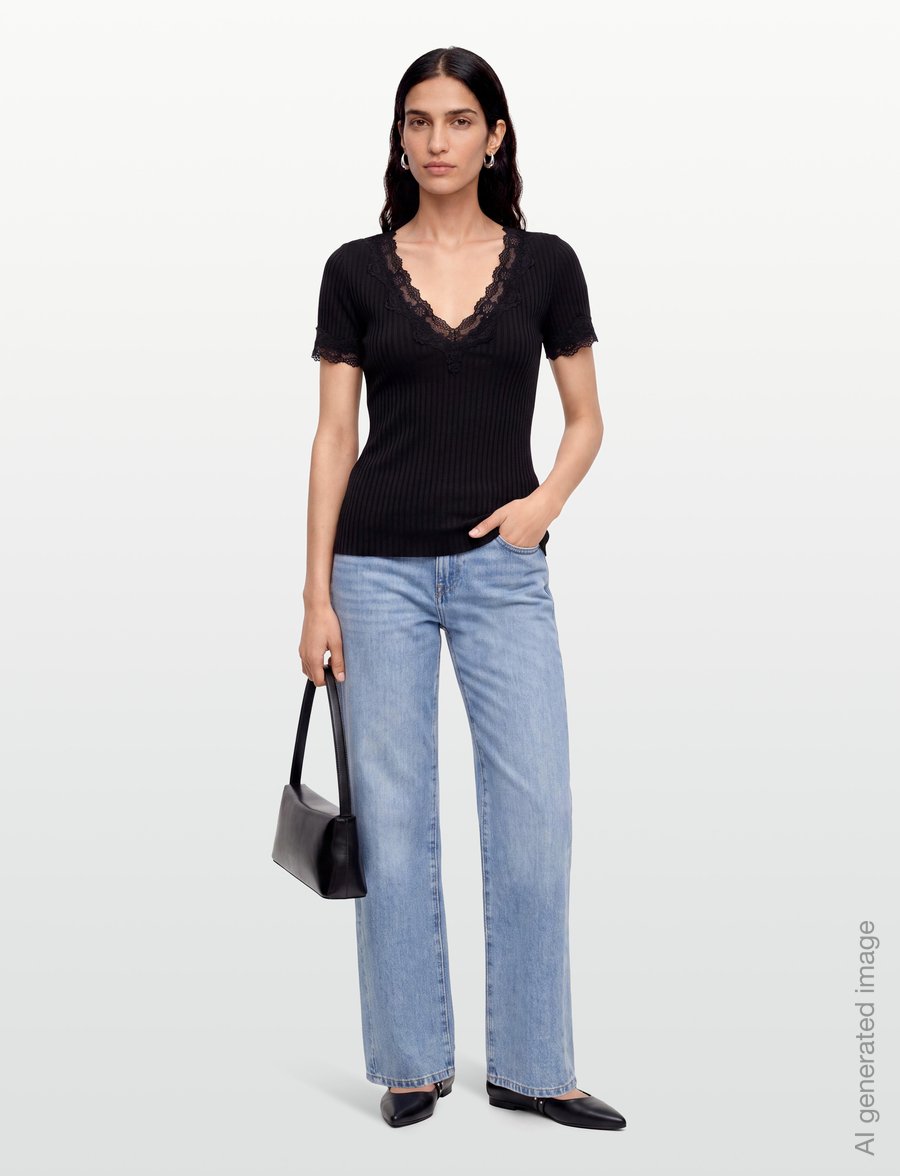 Gina Tricot - Lace detail rib top - t-shirts - black (9000) - 0