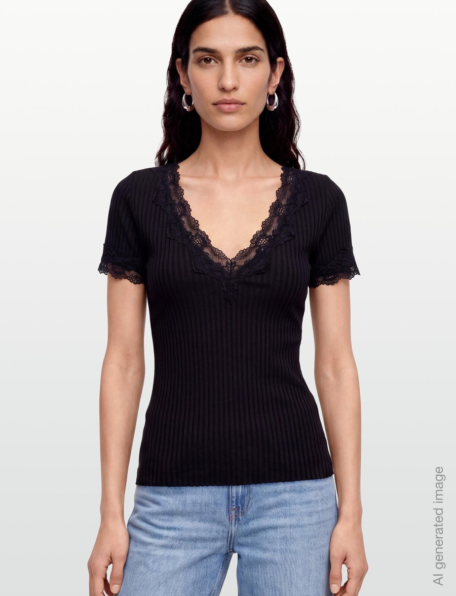 Gina Tricot - Lace detail rib top - t-shirts - black (9000) - 3