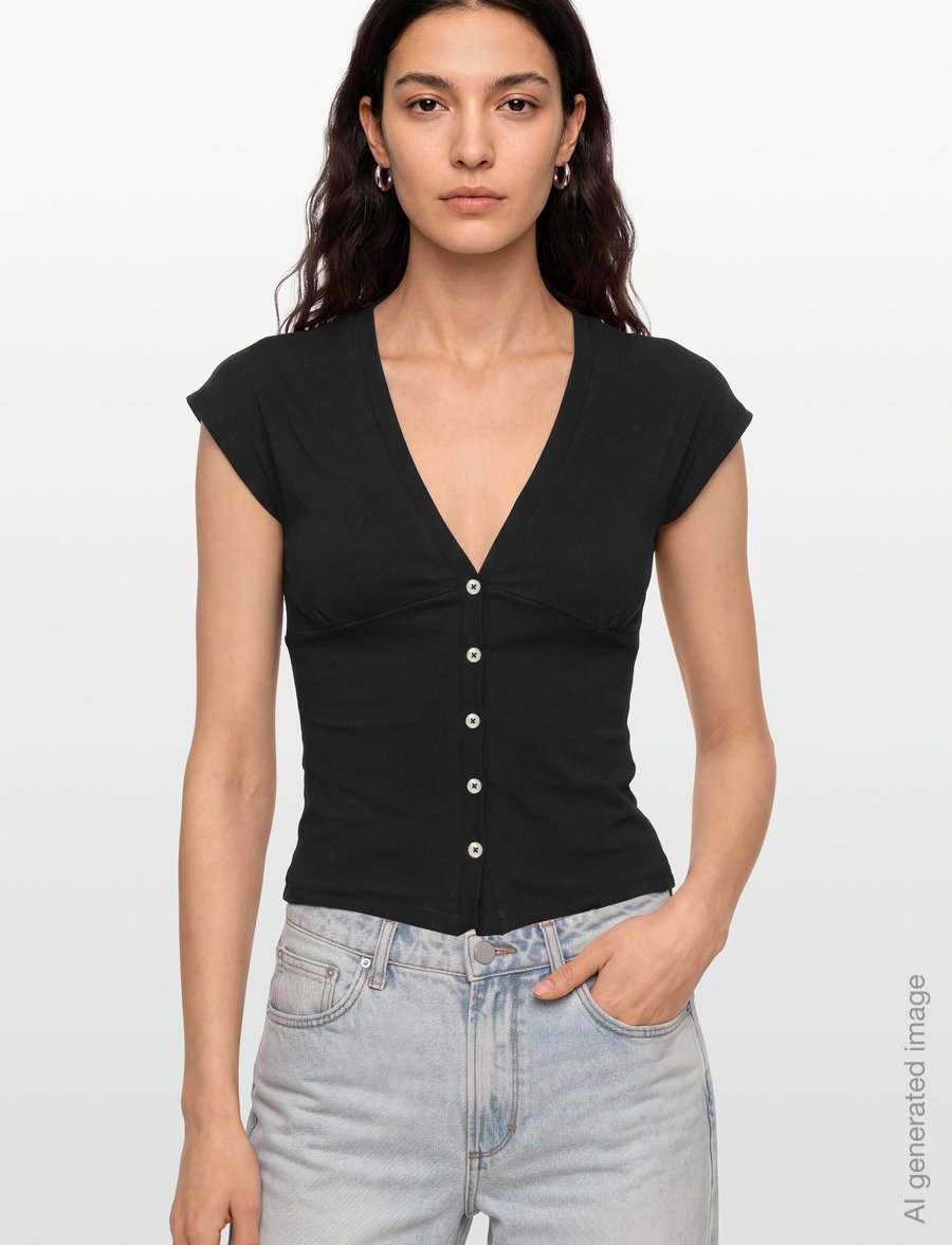 Gina Tricot - V-neck button top - t-shirts - black (9000) - 3