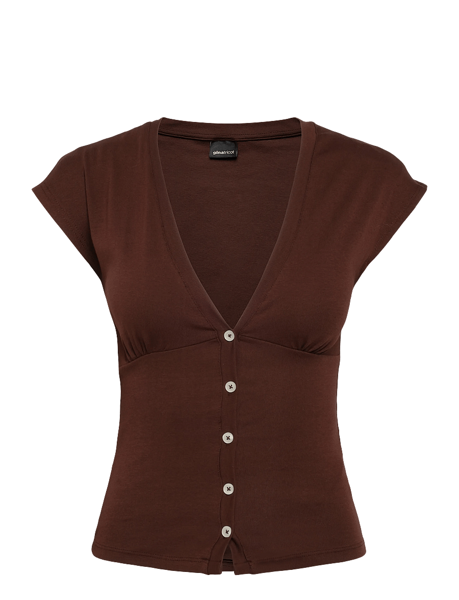 Gina Tricot - V-neck button top - t-shirts - decadent chocolate - 0