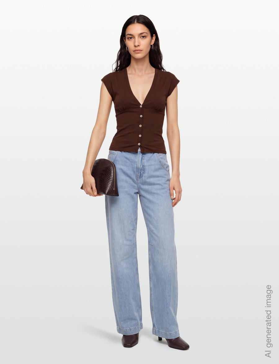 Gina Tricot - V-neck button top - t-shirts - decadent chocolate - 0