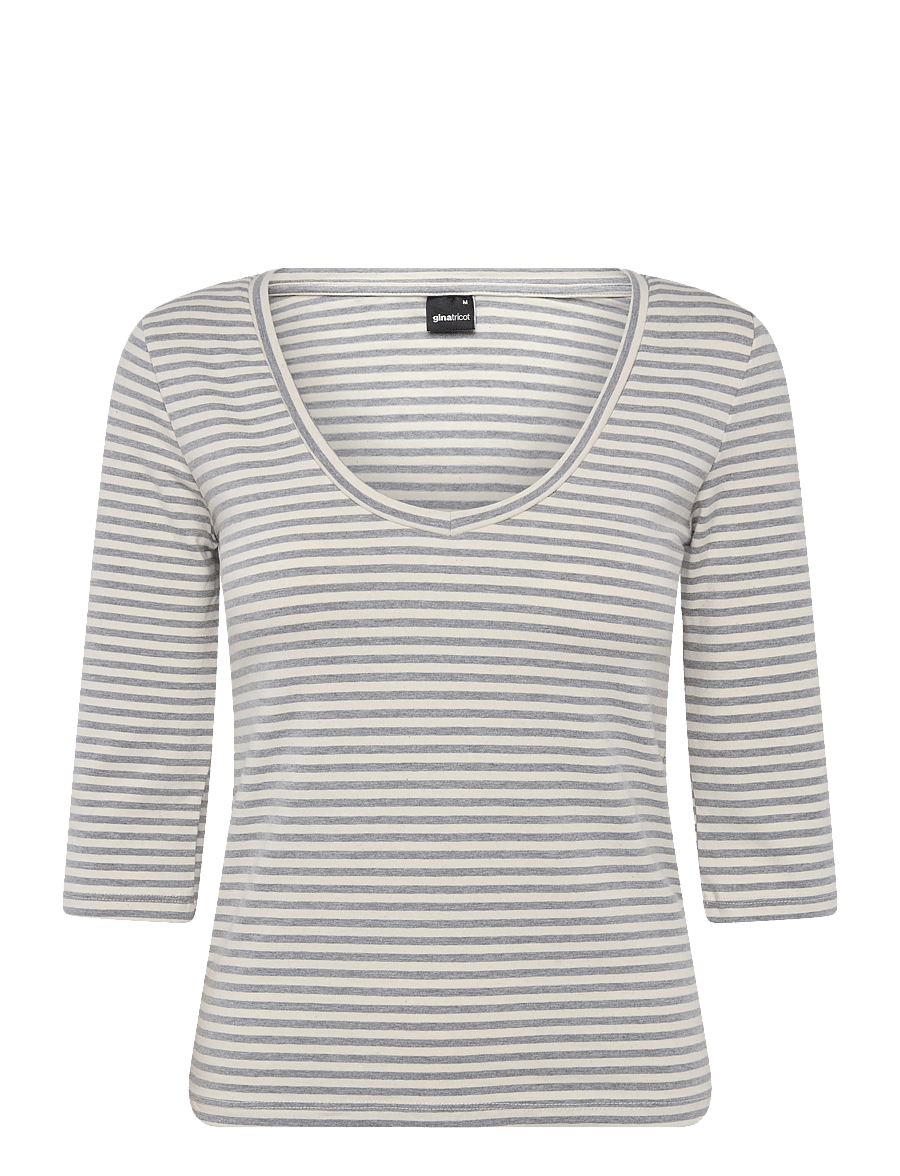 Gina Tricot - V-neck quarter sleeve top - långärmade toppar - grey stripe (6513) - 0