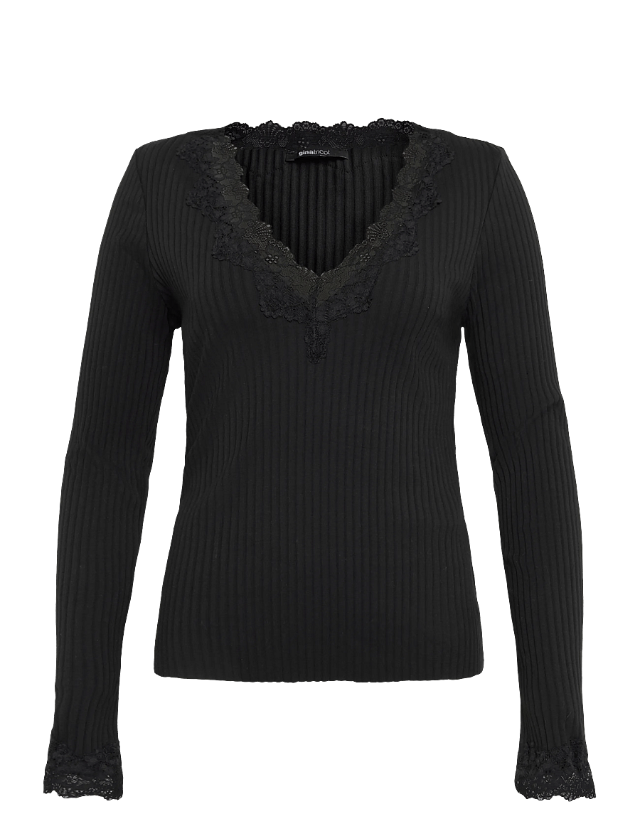 Gina Tricot - Lace detail long sleeve top - striktrøjer - black (9000) - 0