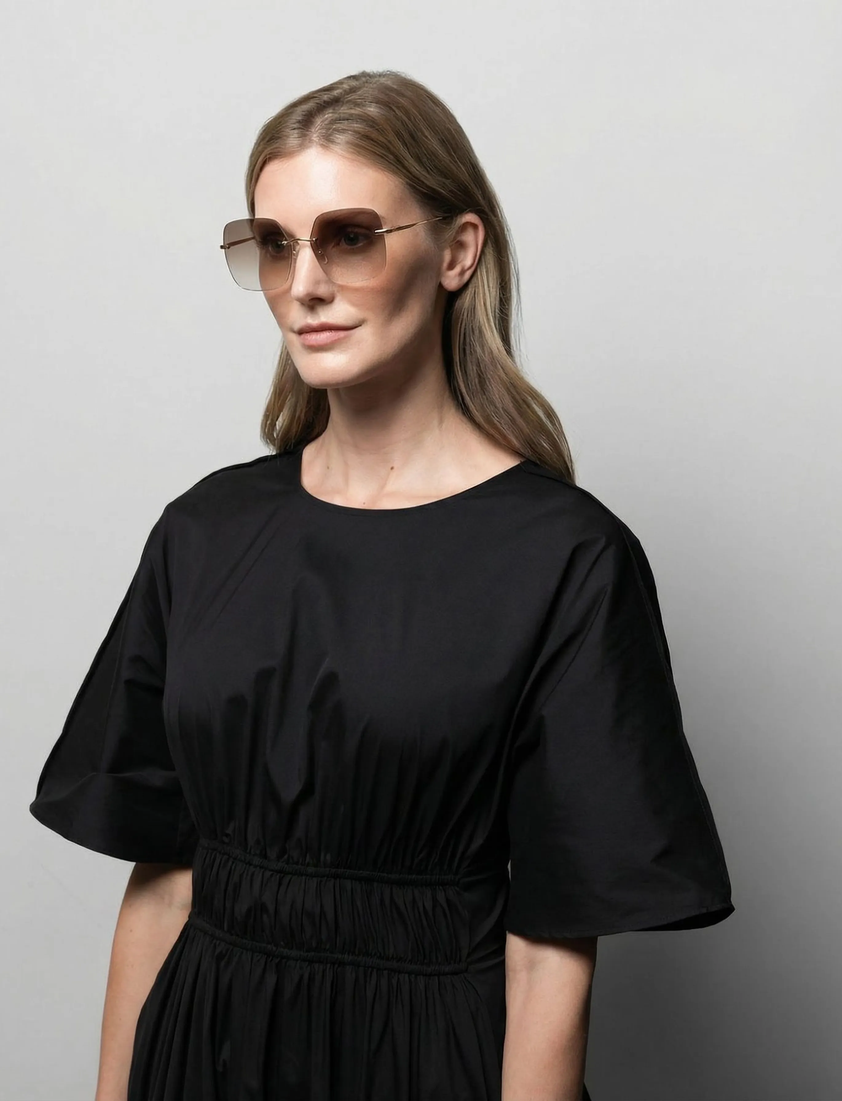 GLAS Eyewear Billie Gold Rimless Tinted, Kvinder, Randløse Tonede Solbriller, Guld, Str: 1.0
