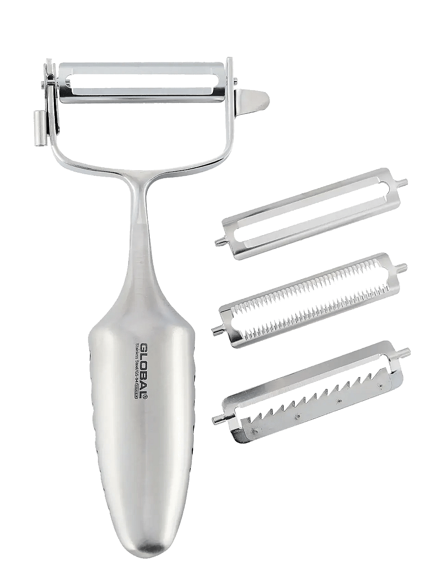 GLOBAL - 3 way peeler, 18-10 S/S (Plain, Serrated, Julienne) - koorimisnoad - staineless steel - 1