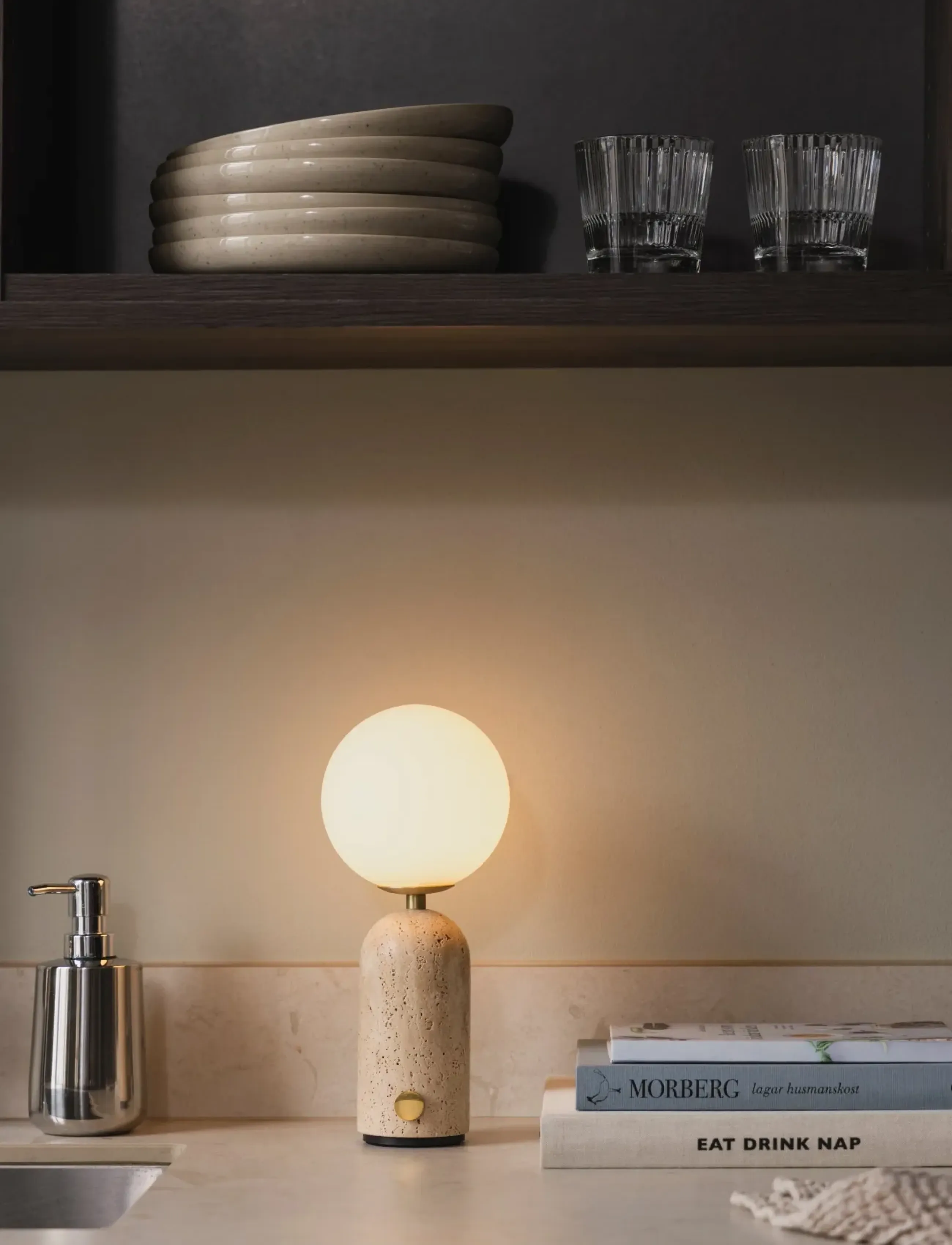 Globen Lighting Portable Table Lamp Torrano Beige Travertine, 12X12X28 cm, Beige, Lamper > Bordlamper, Unisex
