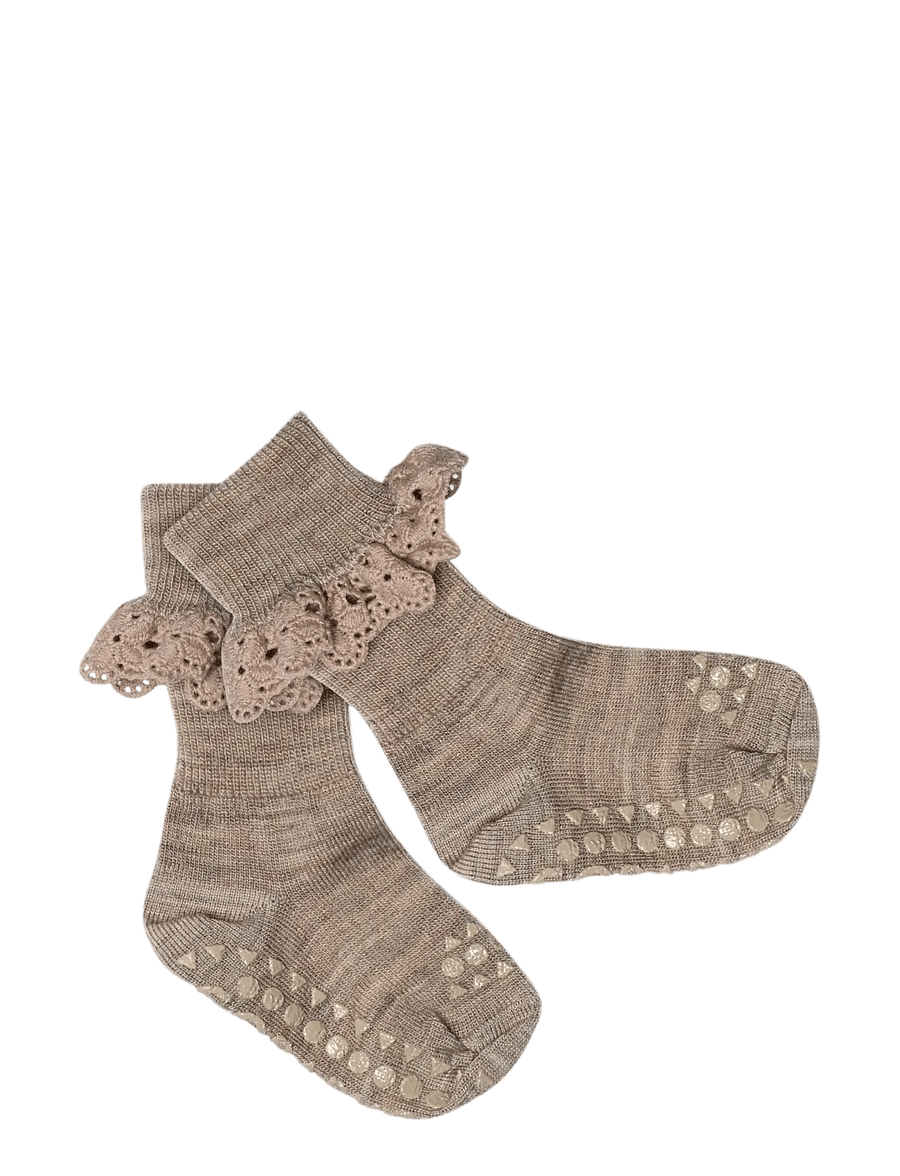 GoBabyGo - Non-Slip - merino wool lace - anti-rutsch socken - light brown melange - 0