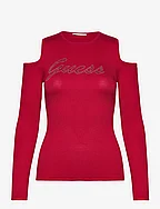 LS COLD SHLDR GUESS LOGO SWTR - CHILI RED