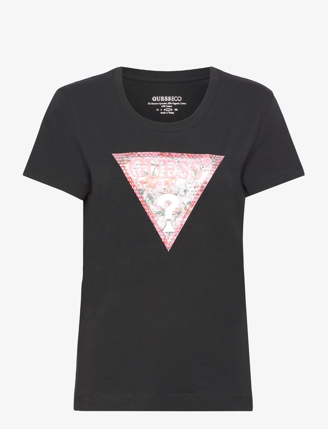 GUESS Jeans - SS RN SATIN TRIANGLE TEE - t-shirts - jet black a996 - 0