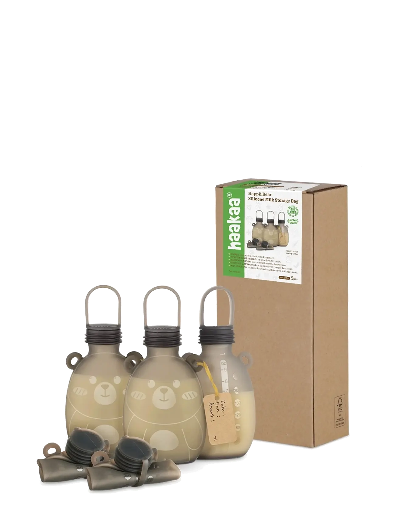 Haakaa - Haakaa Happii Bear Silikone Milk Storage Bag - 260 ml - Grey (5pc) - opbevaringsbøtter til babymad - grey - 2