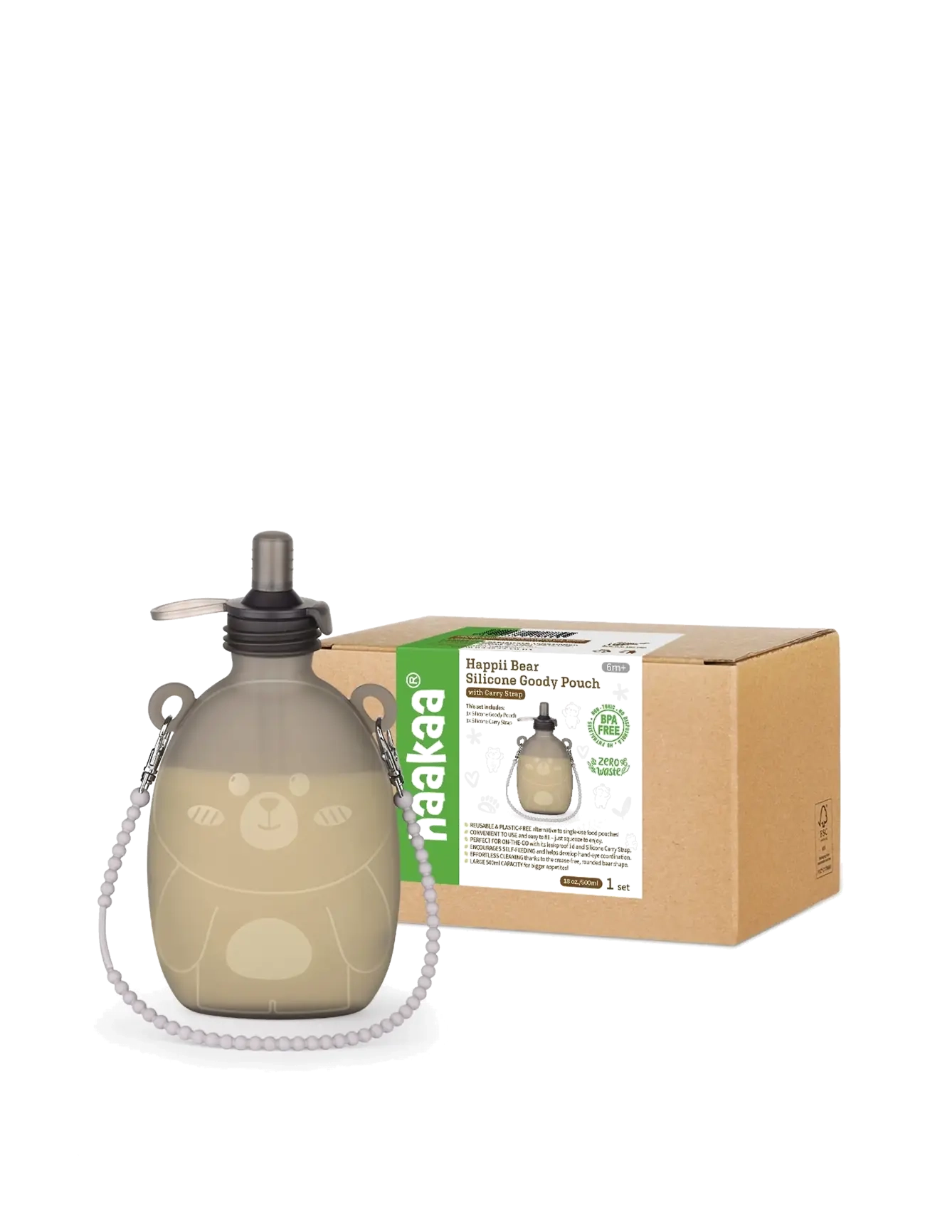 Haakaa - Haakaa Happii Bear Silikone Goody Pouch w. strap - 500ml - Grey - matarpokar - grey - 2