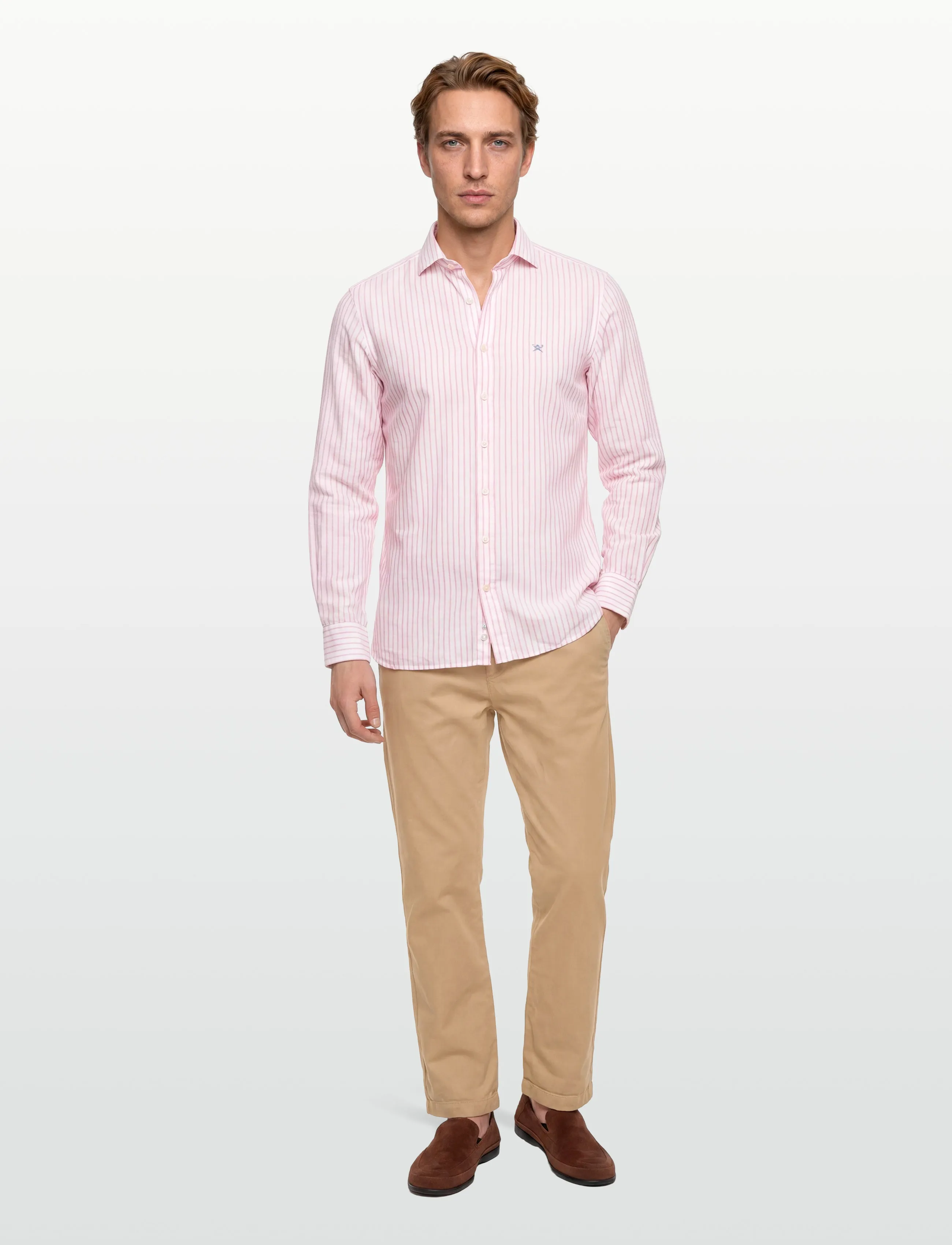 Hackett London Cot Lin Summer Stripe, M, Coral, Skjorter > Skjorter I Hør, Herre