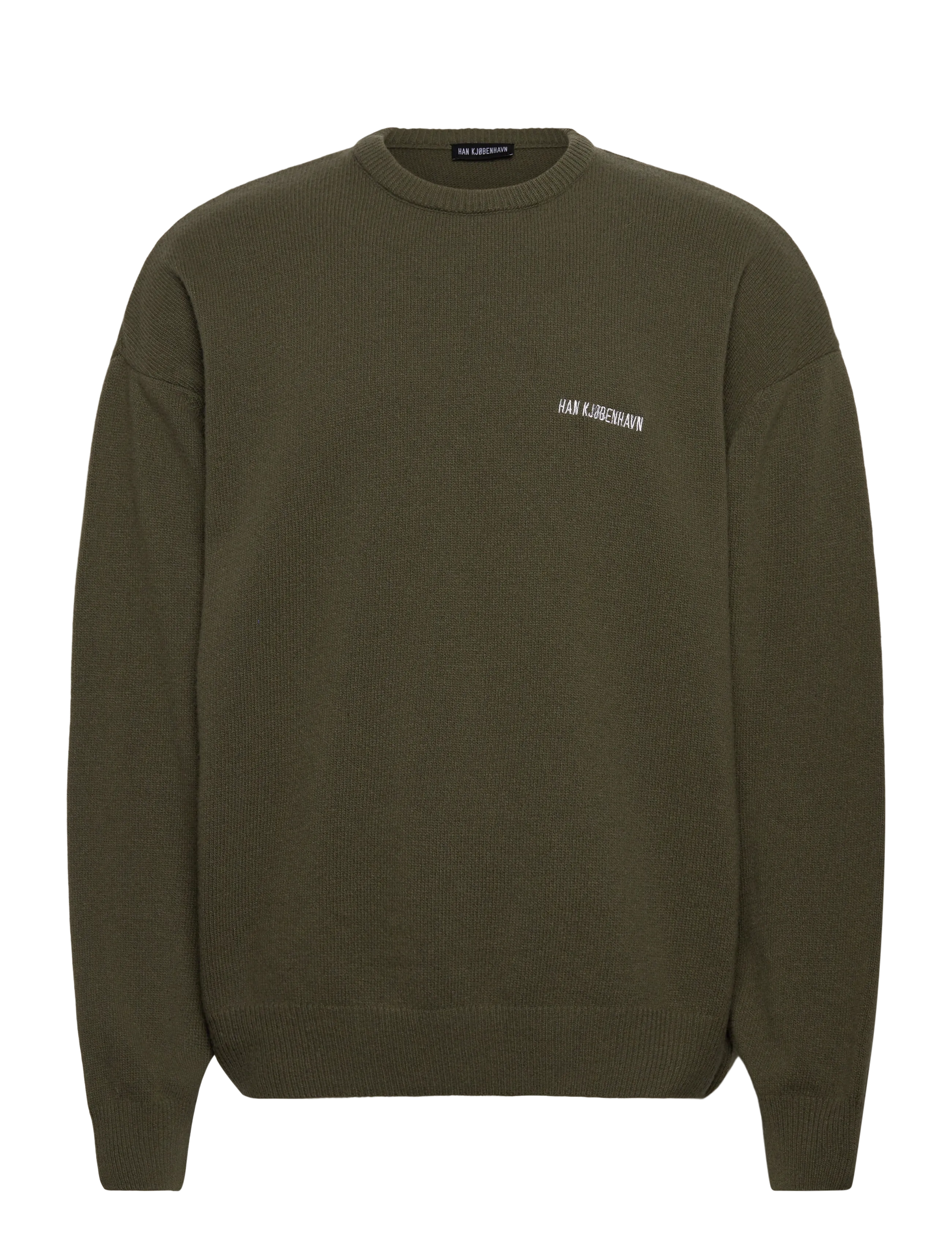 HAN Kjøbenhavn Logo Relaxed Knit Sweater - Rundhals - DARK GREEN / khaki/green
