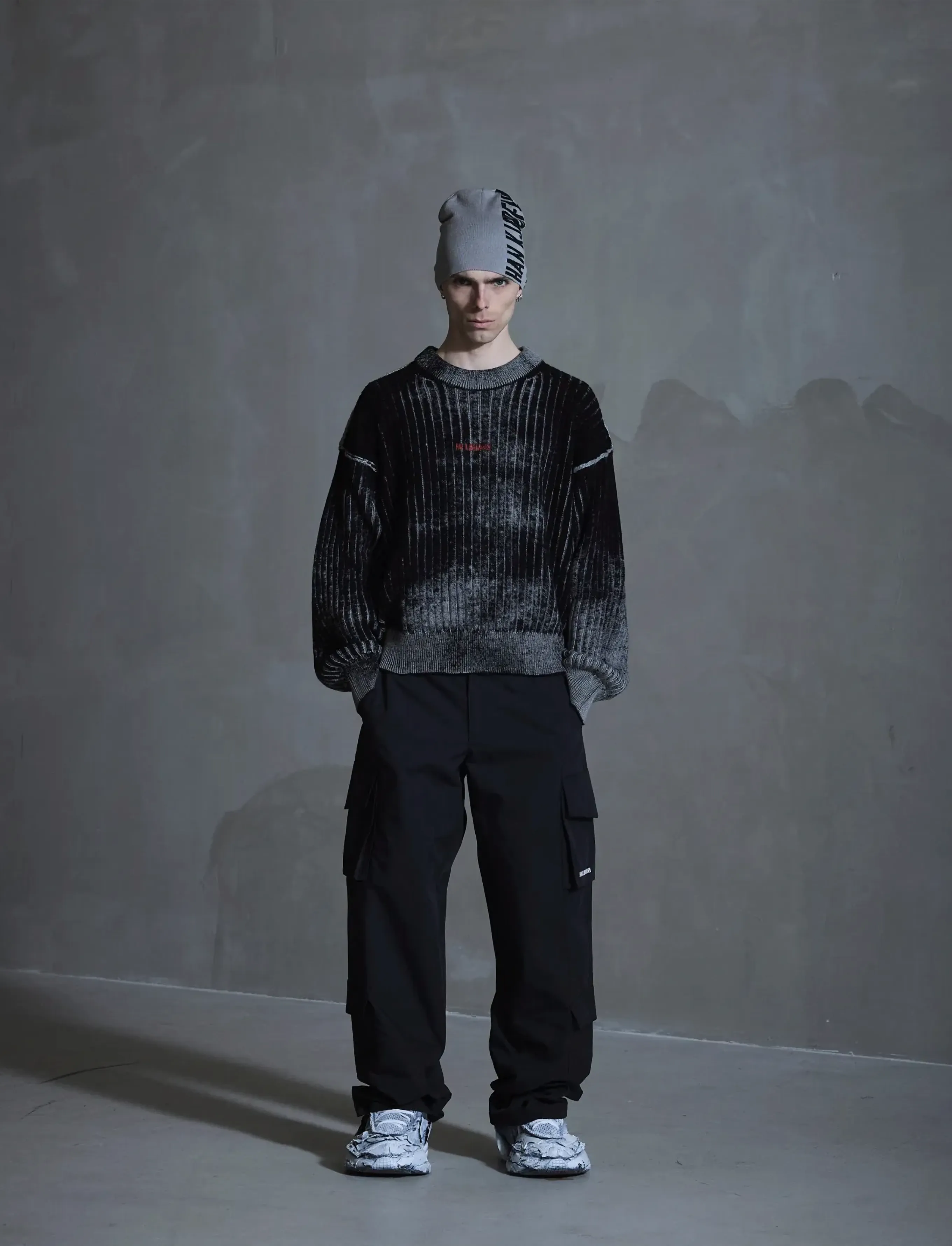 HAN Kjøbenhavn Printed Rib Knit - Streetwear - DARK GREY/ BLACK / black