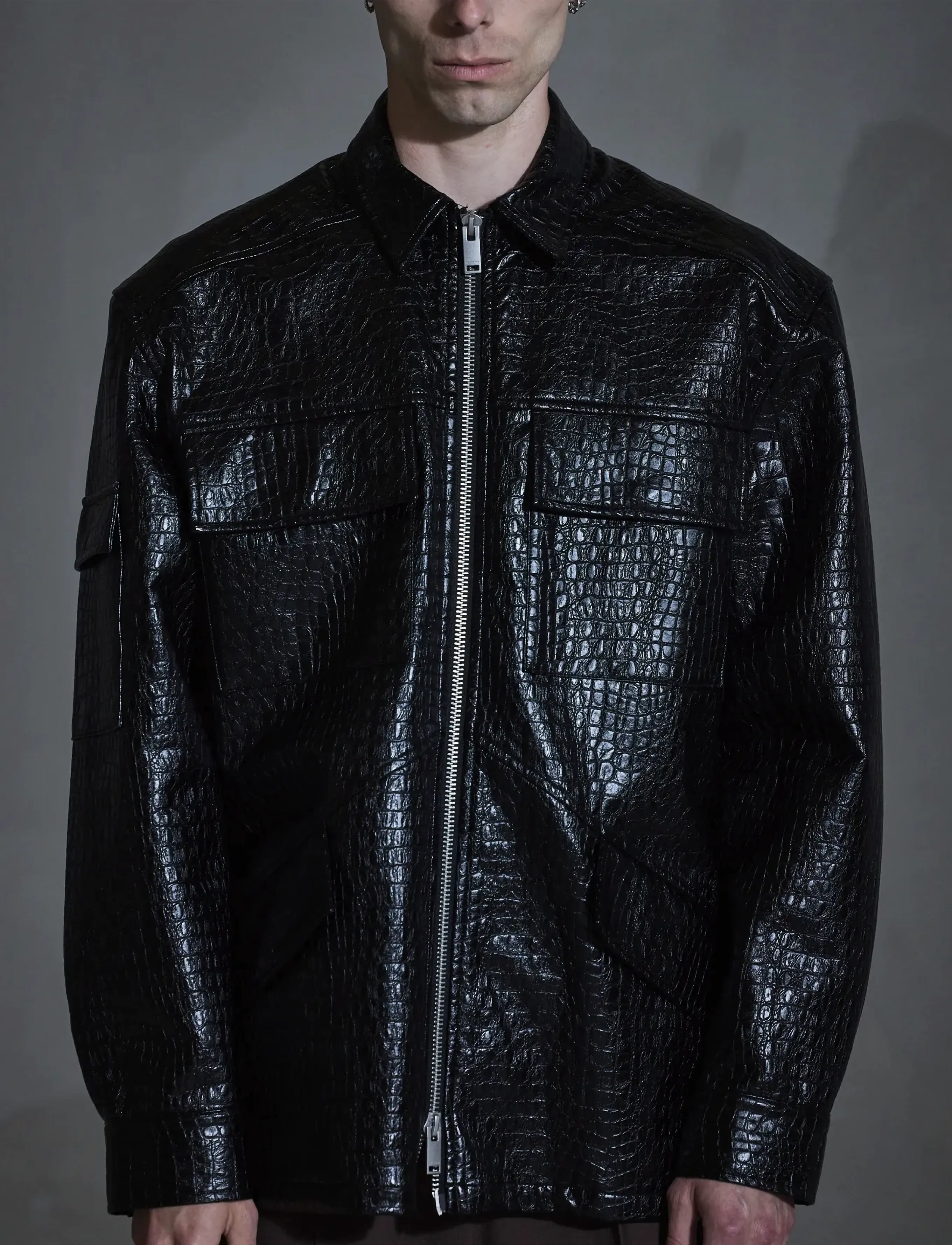 HAN Kjøbenhavn Faux croc Overshirt - Overshirts - BLACK / black