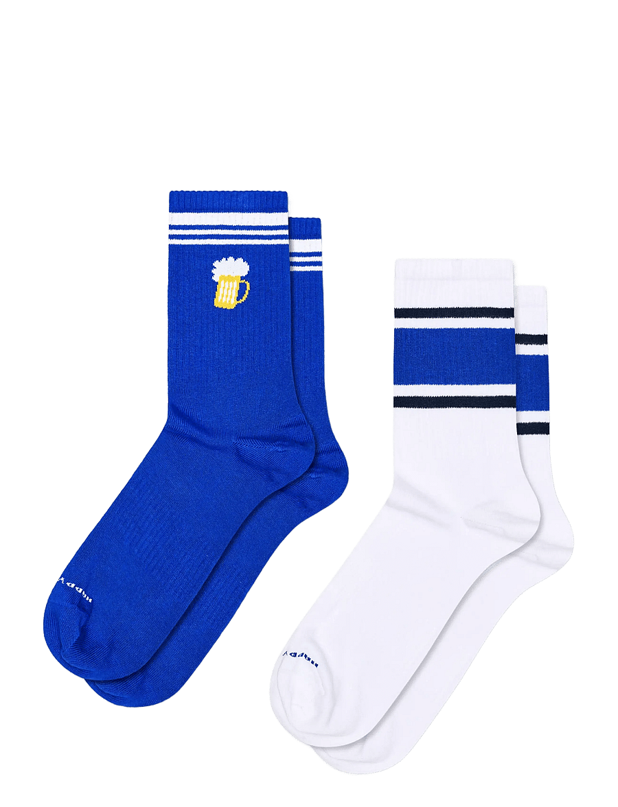 Happy Socks - 2-Pack Beer & Stripe Sneaker Socks - blue - 0