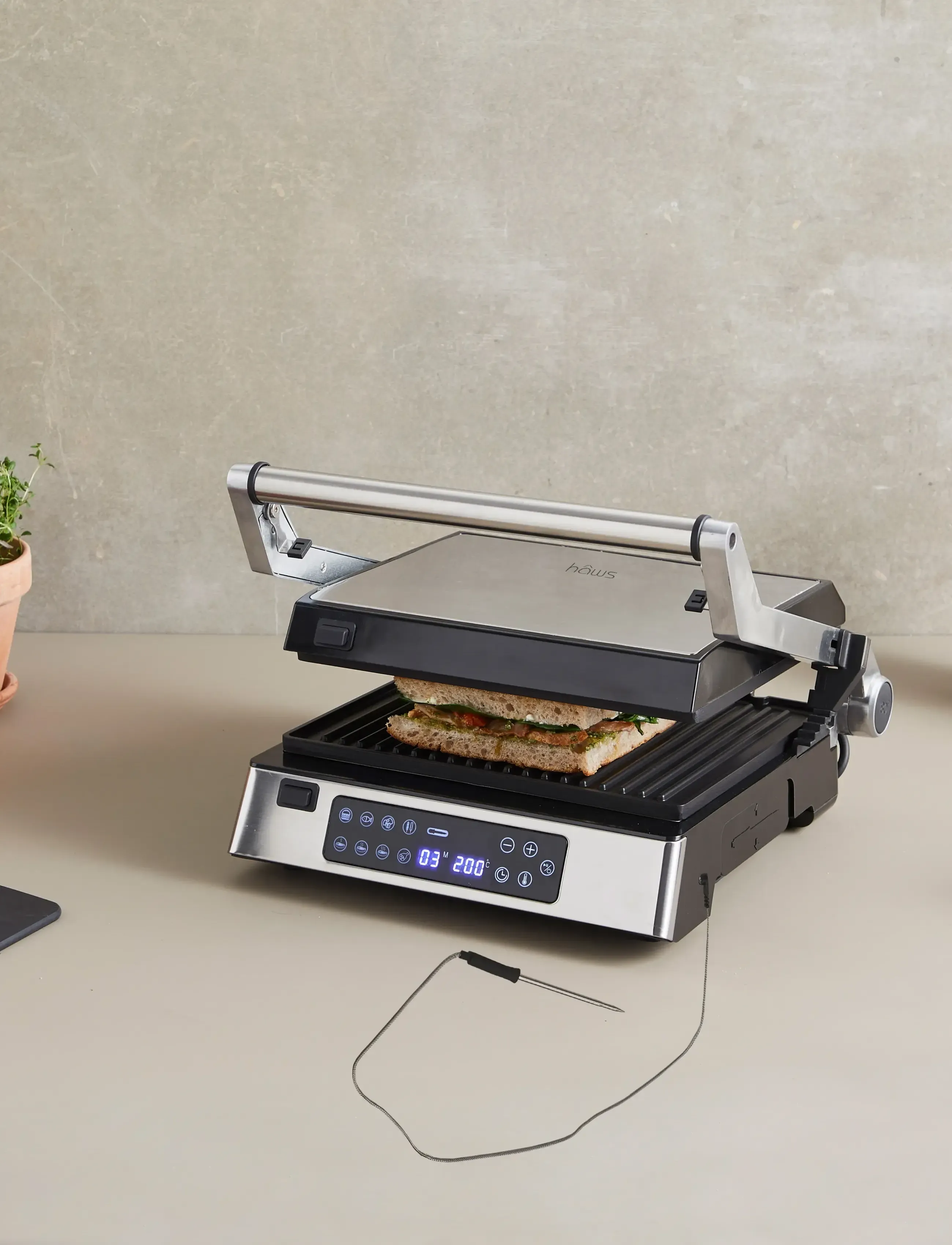 Hâws - Hâws CG30006 Table Grill / Panini Grill w/ Digital thermometer 2000W PFAS Free Coating - stalinės kepsninės - black - 2