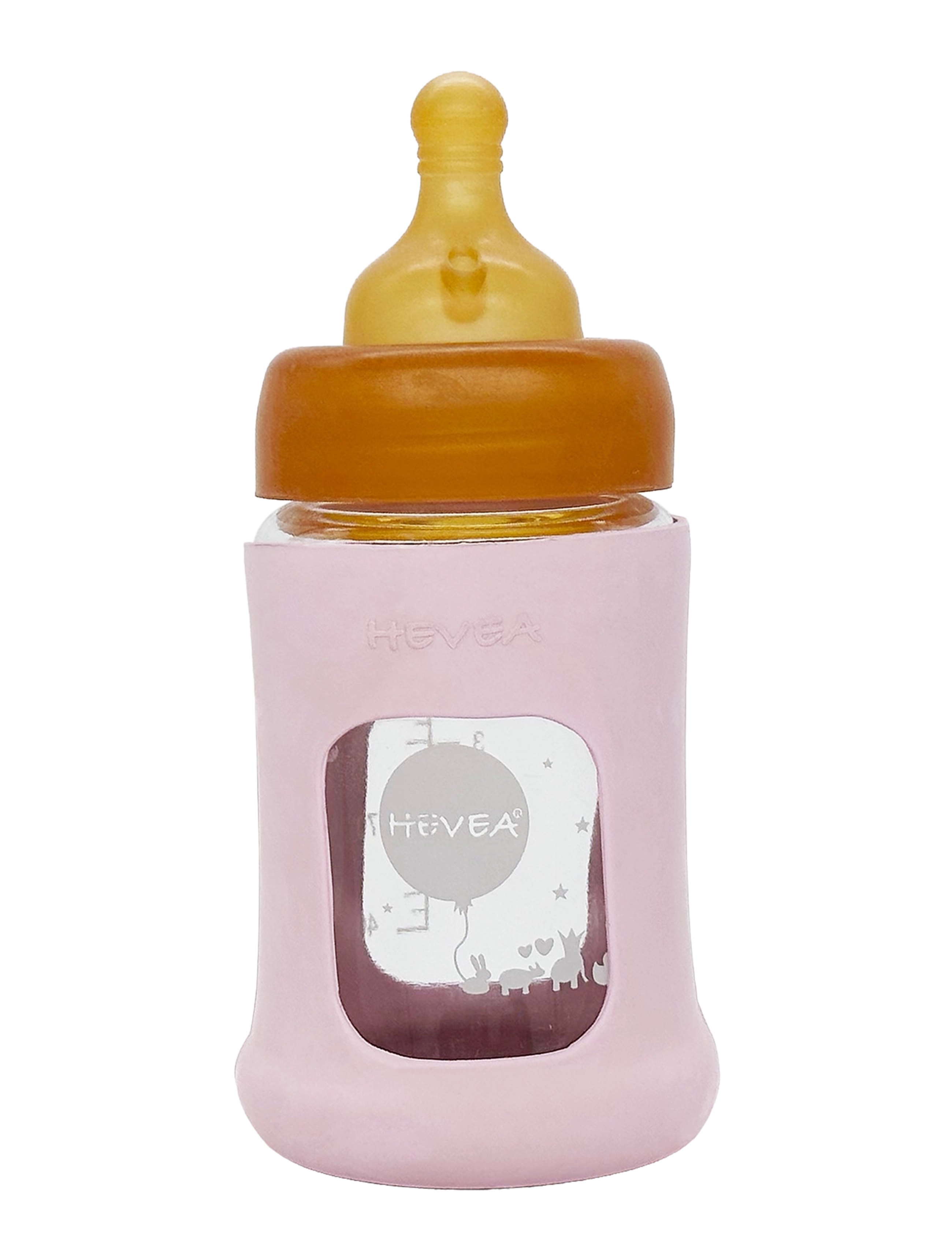 HEVEA Wide Neck Baby Glass Bottle with Sleeve 150ml/5oz Single-Pack - 4 for 3 - POWDER PINK / pink/rose