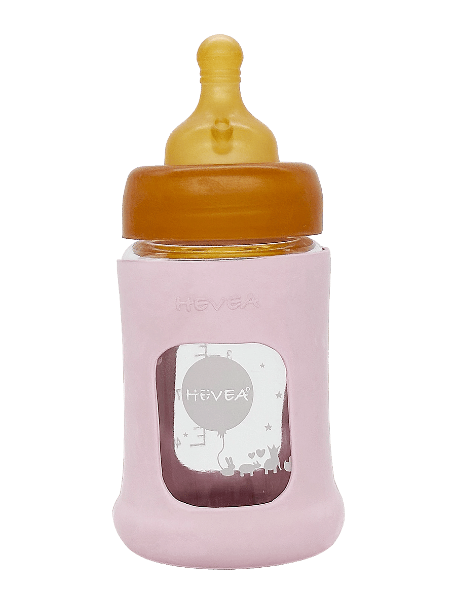 HEVEA - Wide Neck Baby Glass Bottle with Sleeve 150ml/5oz Single-Pack - sutteflasker - powder pink - 0