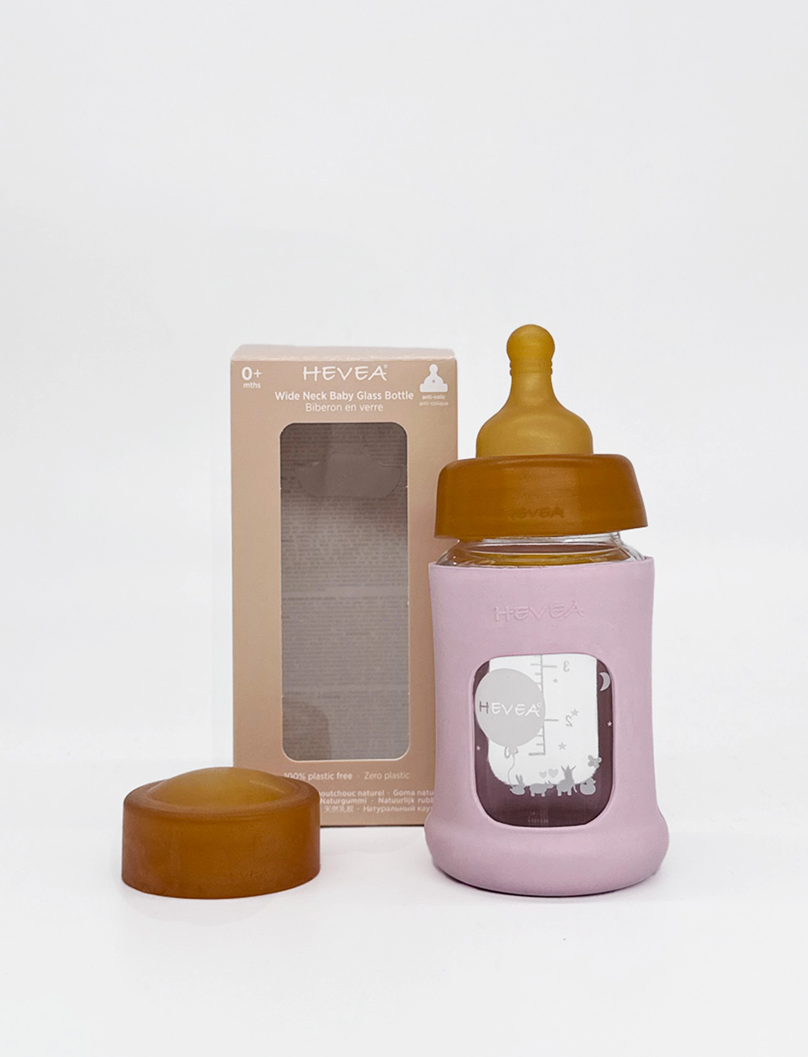 HEVEA - Wide Neck Baby Glass Bottle with Sleeve 150ml/5oz Single-Pack - sutteflasker - powder pink - 1
