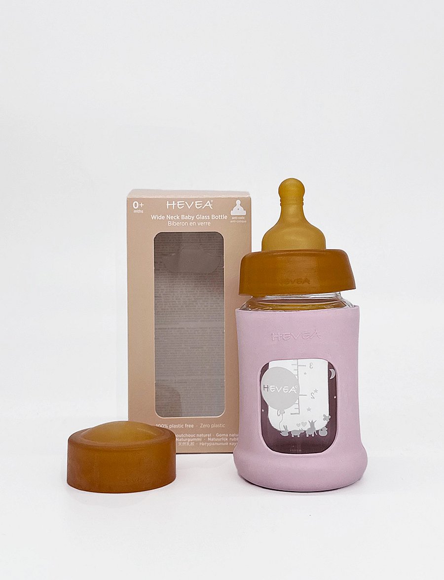 HEVEA - Wide Neck Baby Glass Bottle with Sleeve 150ml/5oz Single-Pack - sutteflasker - powder pink - 1