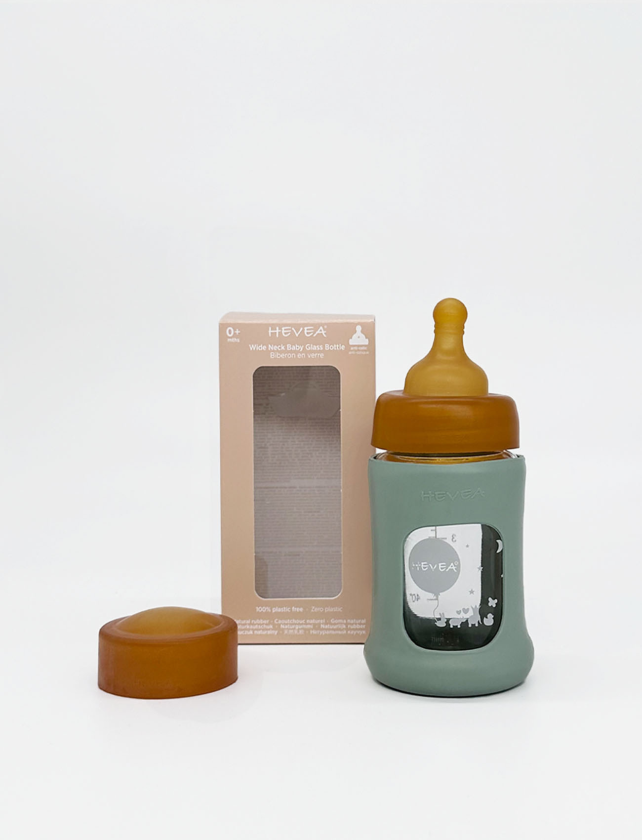 HEVEA - Wide Neck Baby Glass Bottle with Sleeve 150ml/5oz Single-Pack - sutteflasker - seafoam blue - 1