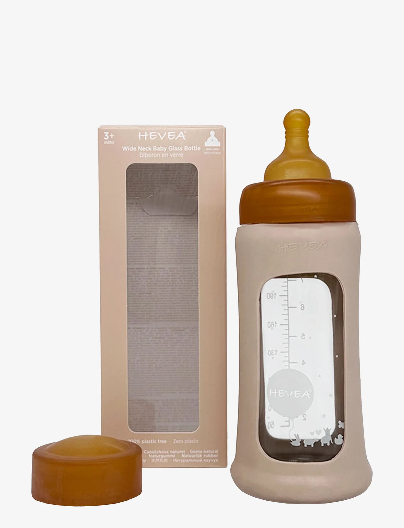HEVEA - Wide Neck Baby Glass Bottle with Sleeve 250ml/8.5oz Single-Pack - nappflaskor - sand - 0