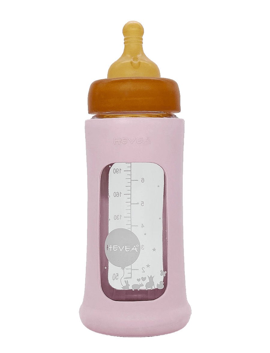 HEVEA - Wide Neck Baby Glass Bottle with Sleeve 250ml/8.5oz Single-Pack - sutteflasker - powder pink - 0