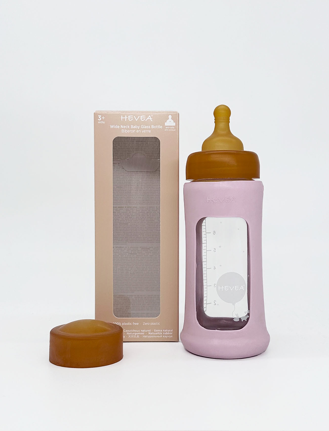HEVEA - Wide Neck Baby Glass Bottle with Sleeve 250ml/8.5oz Single-Pack - sutteflasker - powder pink - 1